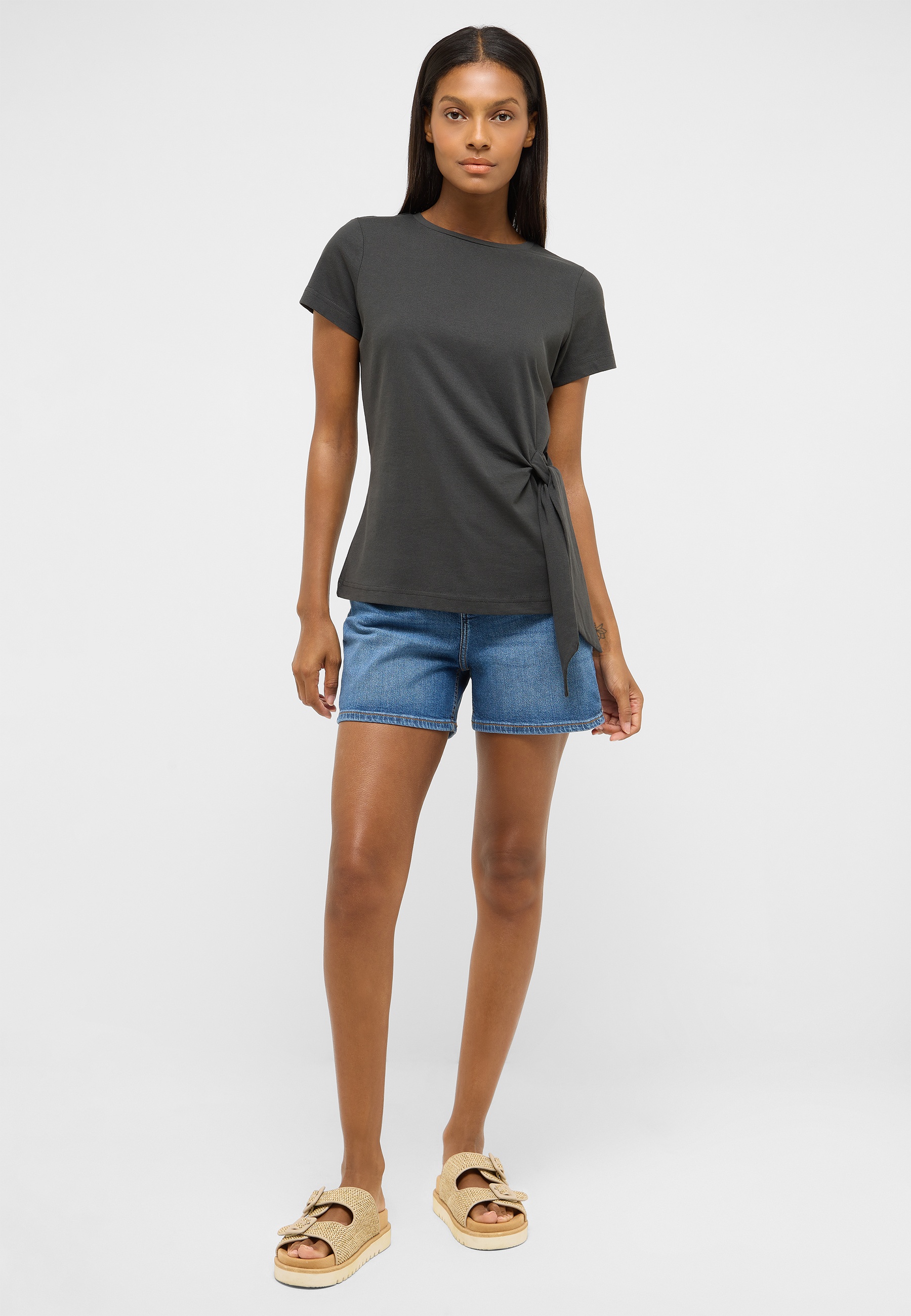 T-Shirt, Krawatten-Front, Kurzarm, Grau, Damen
