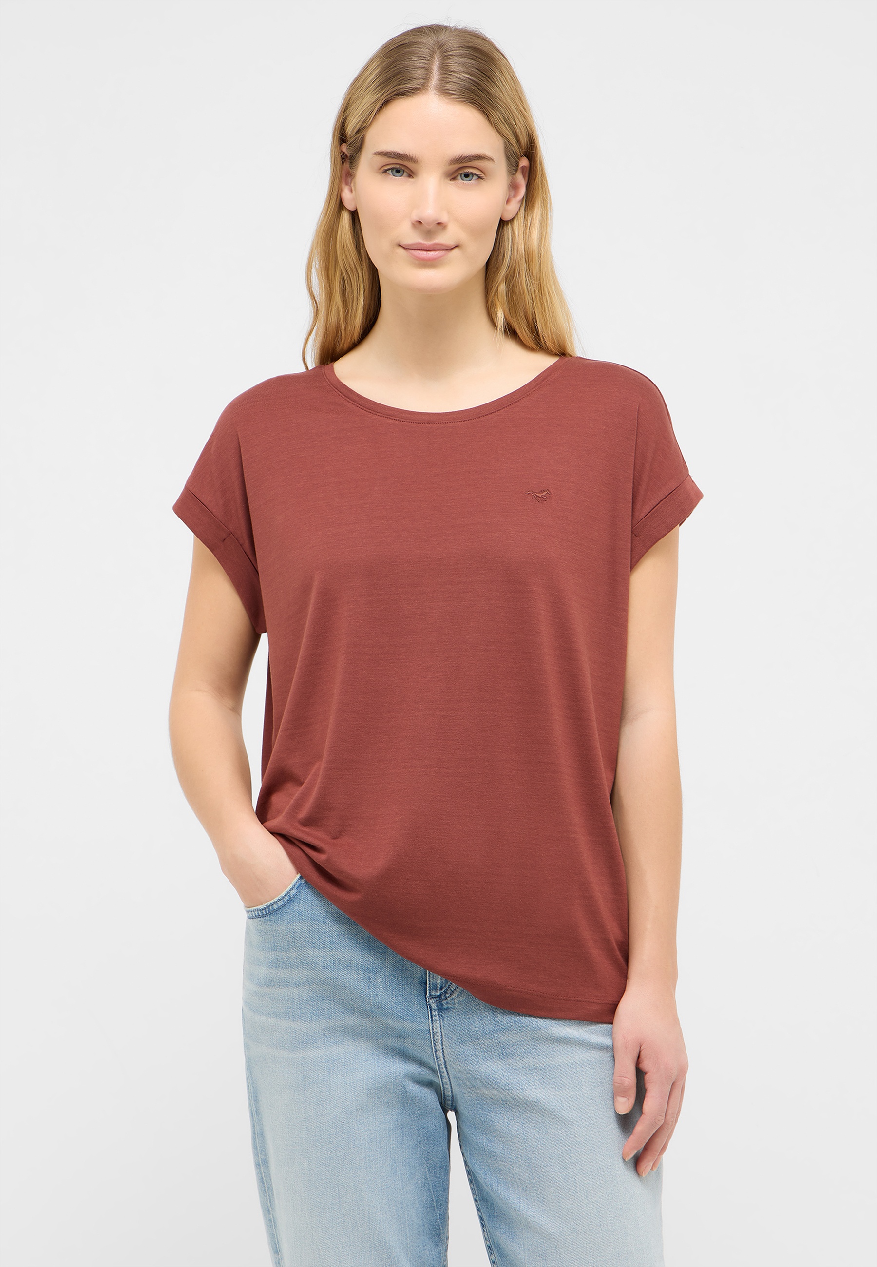 T-Shirt, Rundhals, Kurzarm, Baumwolle, roter Ton