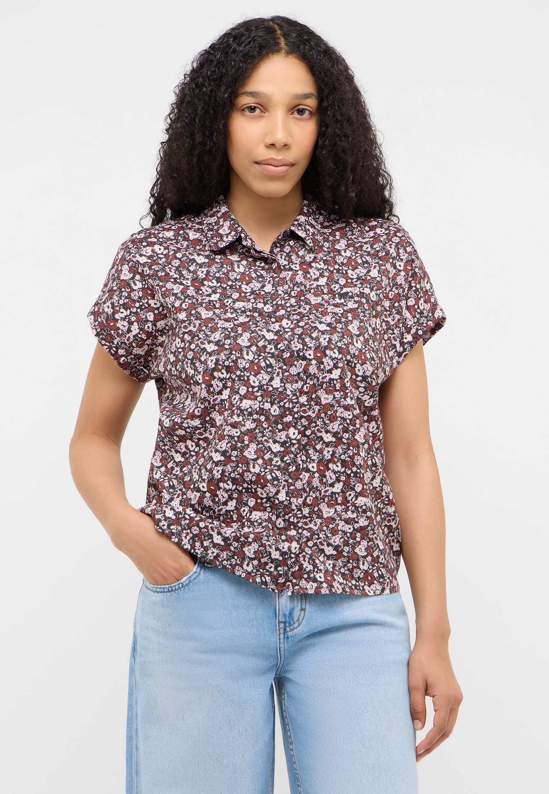 Bluse, Blumenmuster, Kurzarm, Knopfverschluss, lila-braun