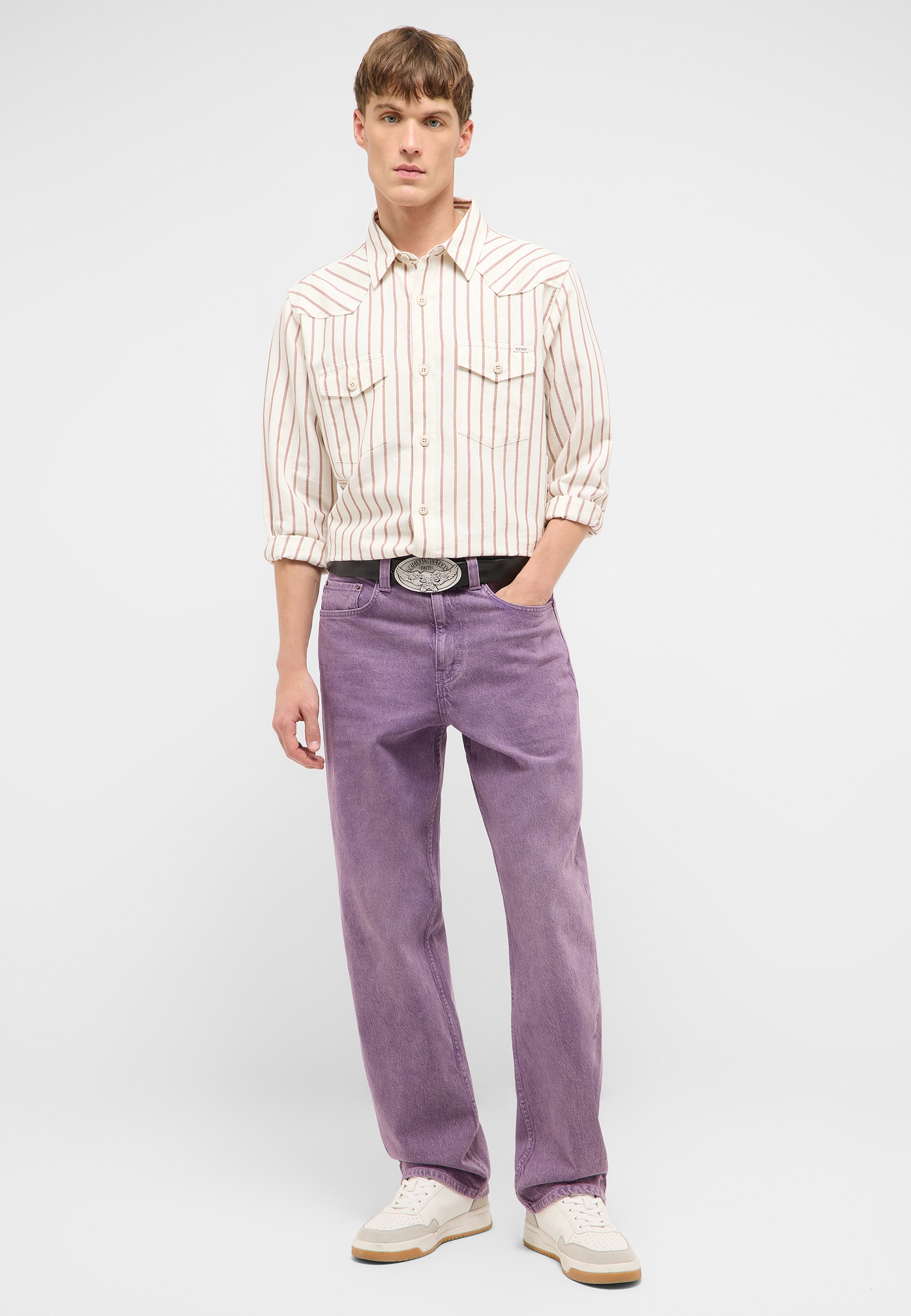 Hemd, Gestreift, Langarm, Knopfleiste, Jeans