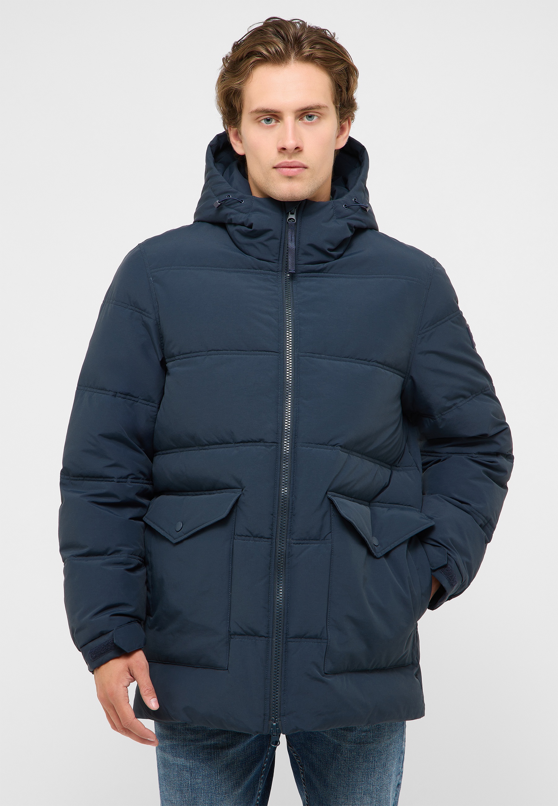 Daunenjacke, Pufferjacke, Kapuze, Taschen, dunkelblau