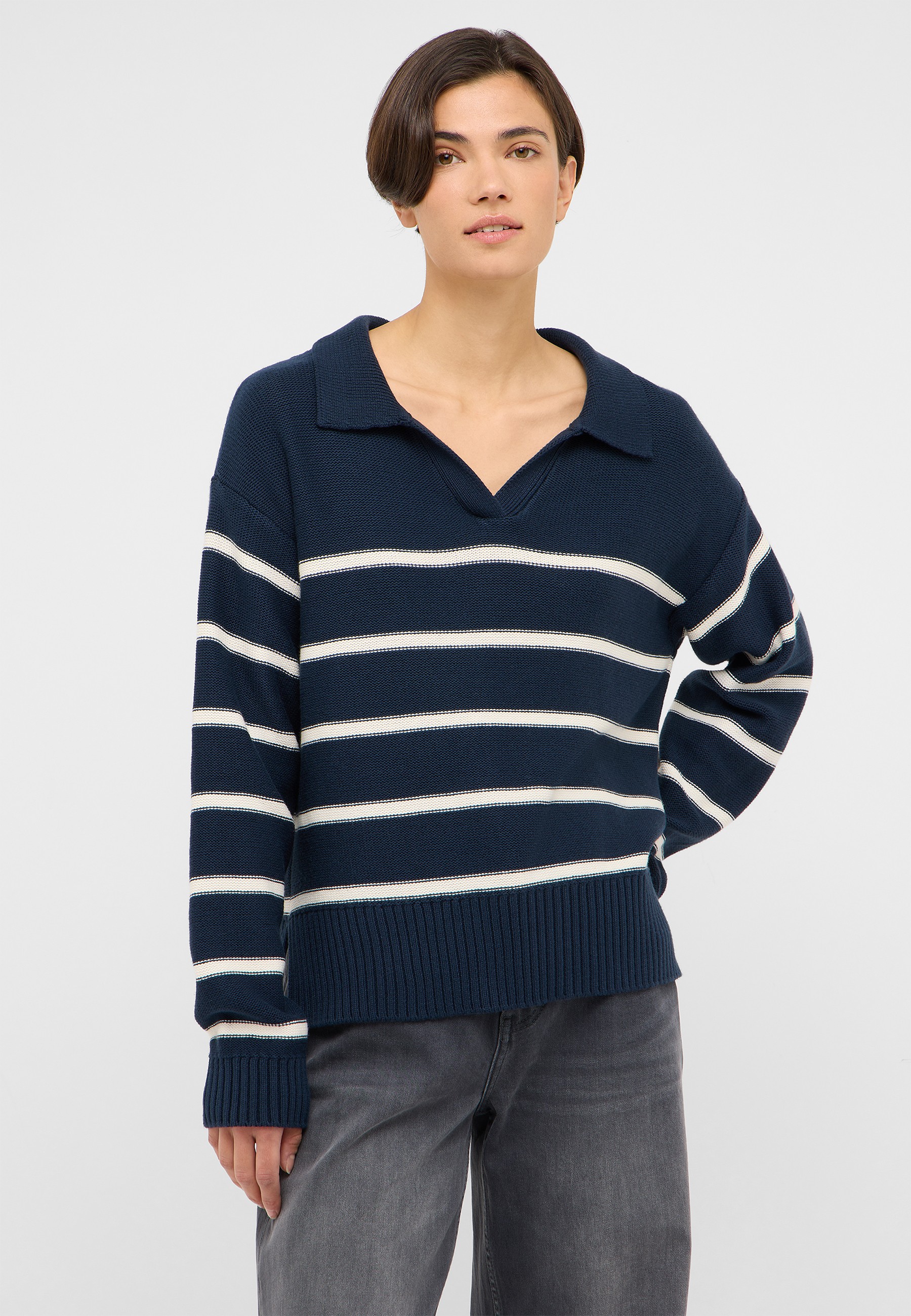 gestreifter pullover, marineblau, langarm, Kragen-Pullover, strickpullover