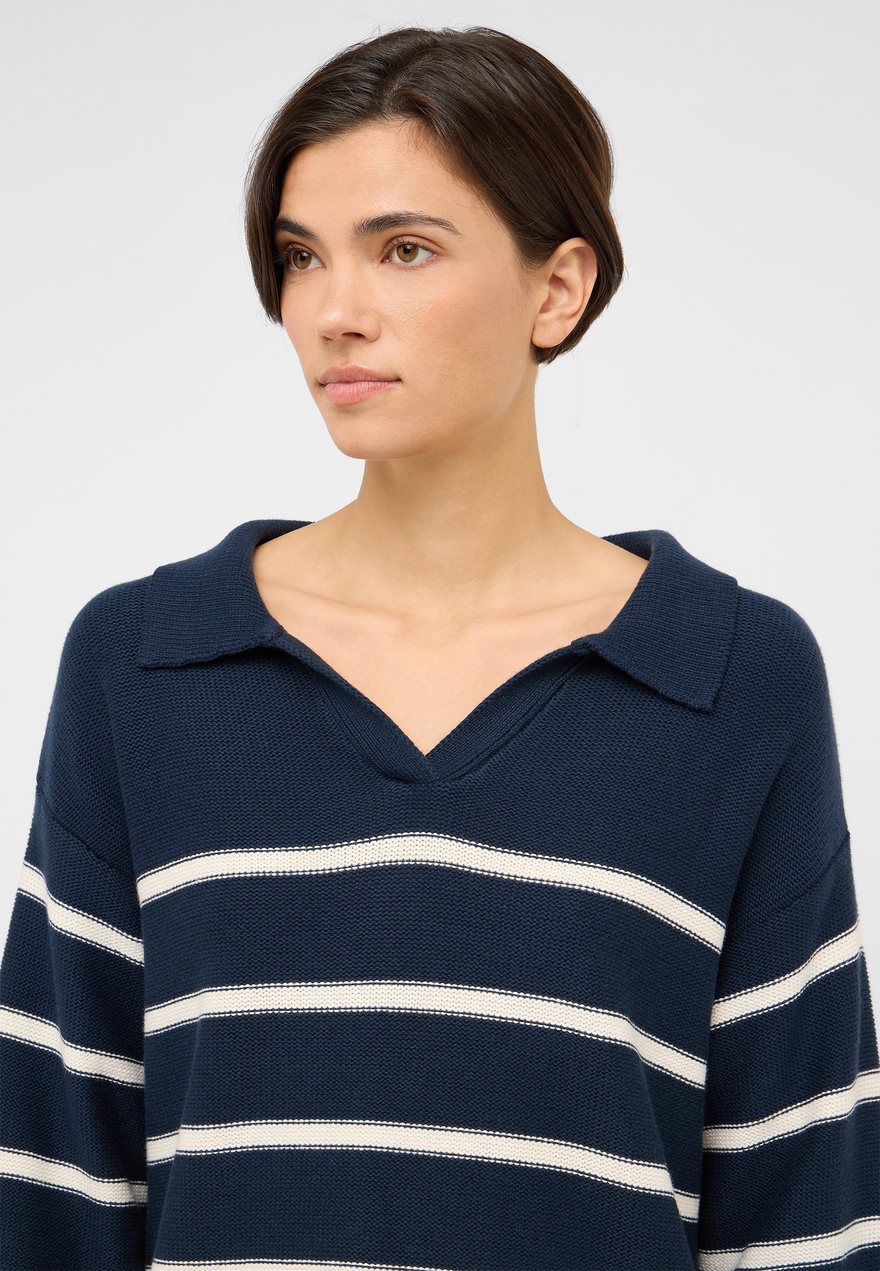 Strickpullover, Navy, Streifen, V-Ausschnitt, Locker geschnitten