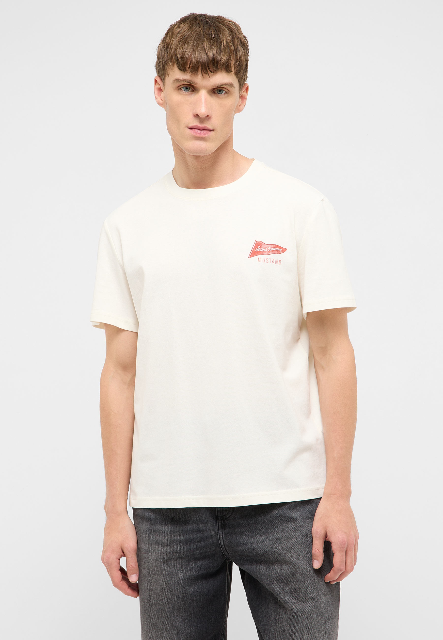 Tee, T-Shirt, Rundhals, Beige, Logo auf Brusttasche