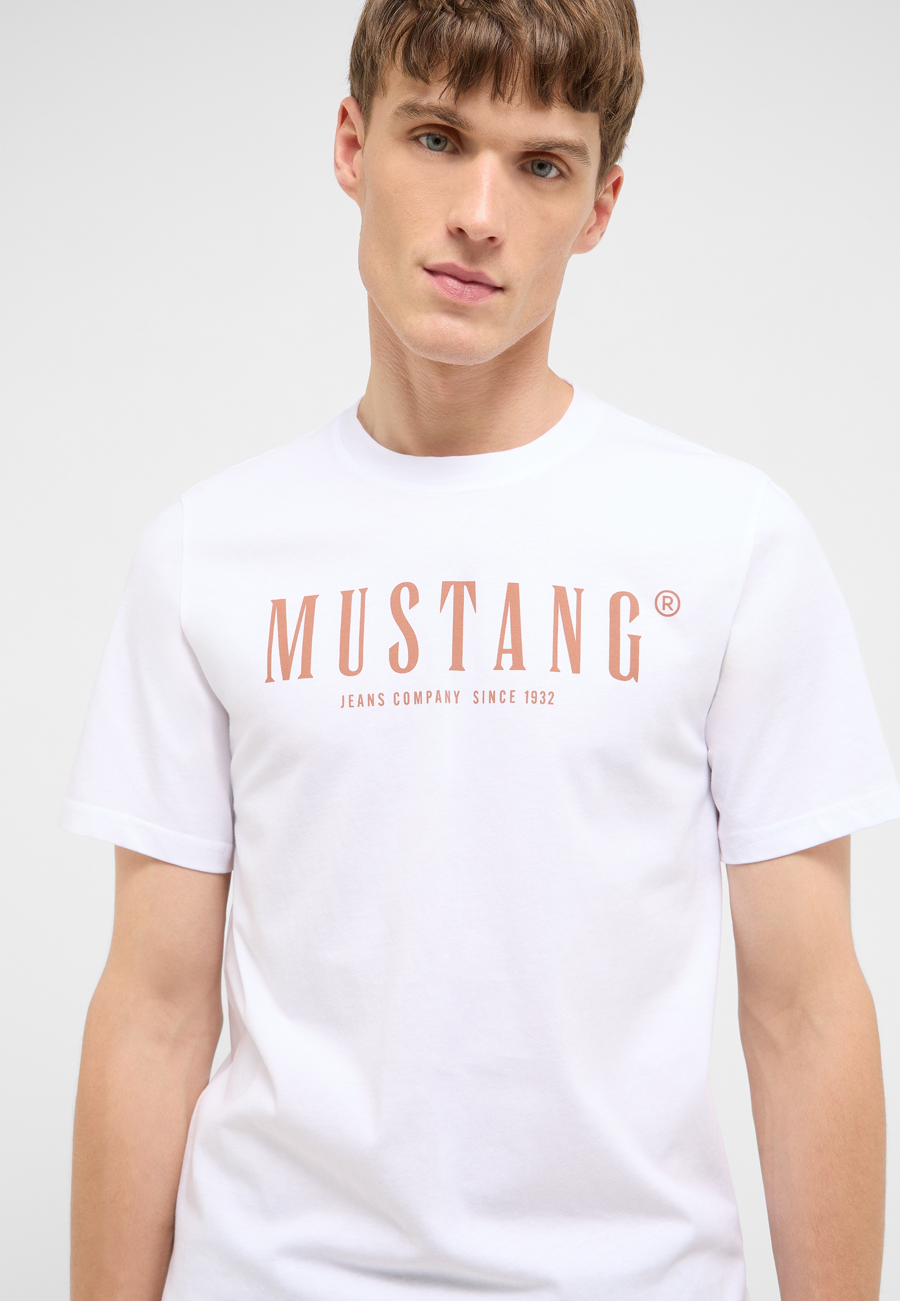 T-Shirt, Weiß, Kurzarm, Rundhalsausschnitt, Mustang Logo
