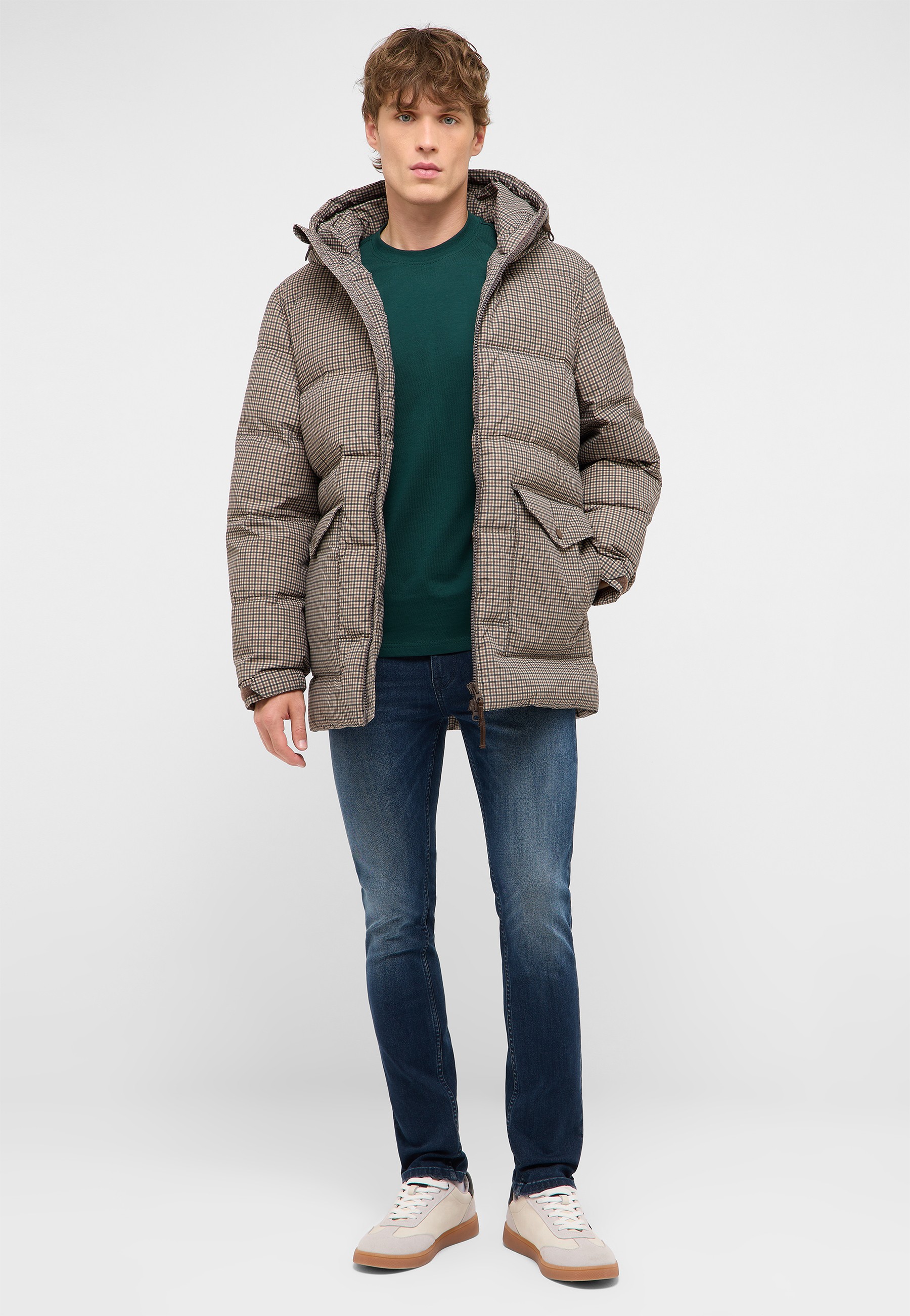 Pufferjacke, mit Kapuze, kariertes Muster, braun, Herrenjacke