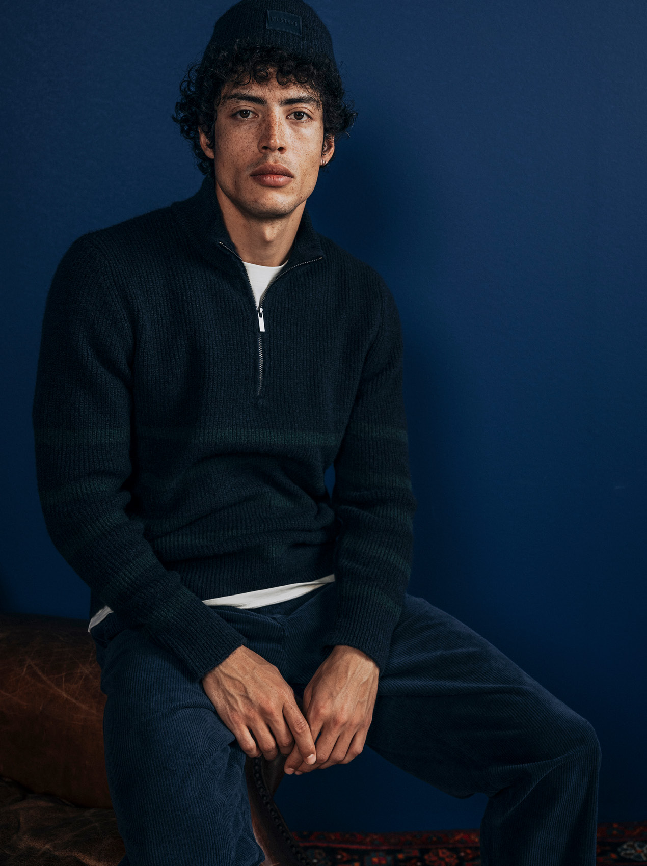 Pullover, Reißverschluss, Knit-Sweater, dunkelblau, Mütze