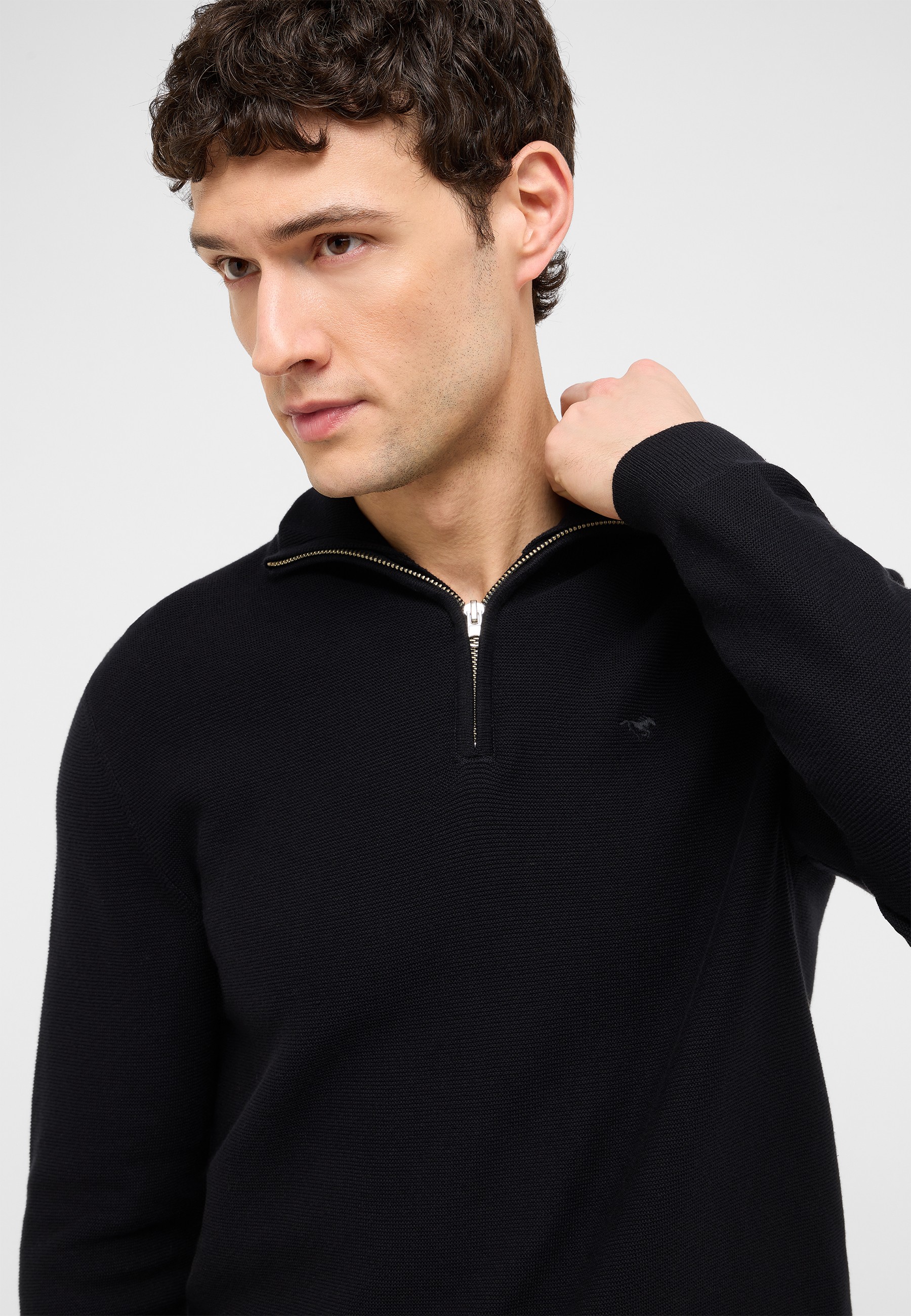 Pullover, Zip-Hals, schwarz, strick, Männer