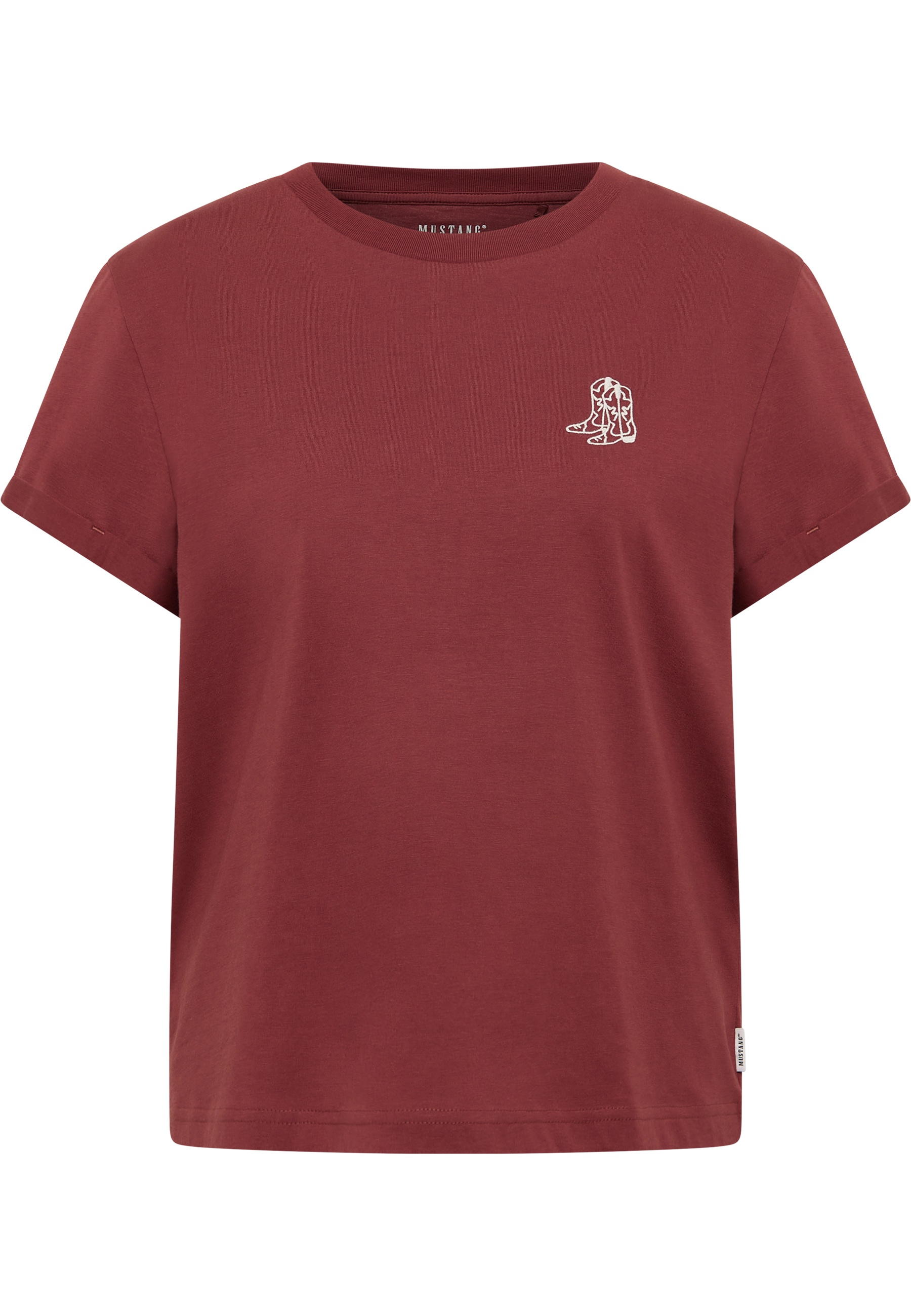 t-shirt, crew neck, short sleeve, rust red, small graphic