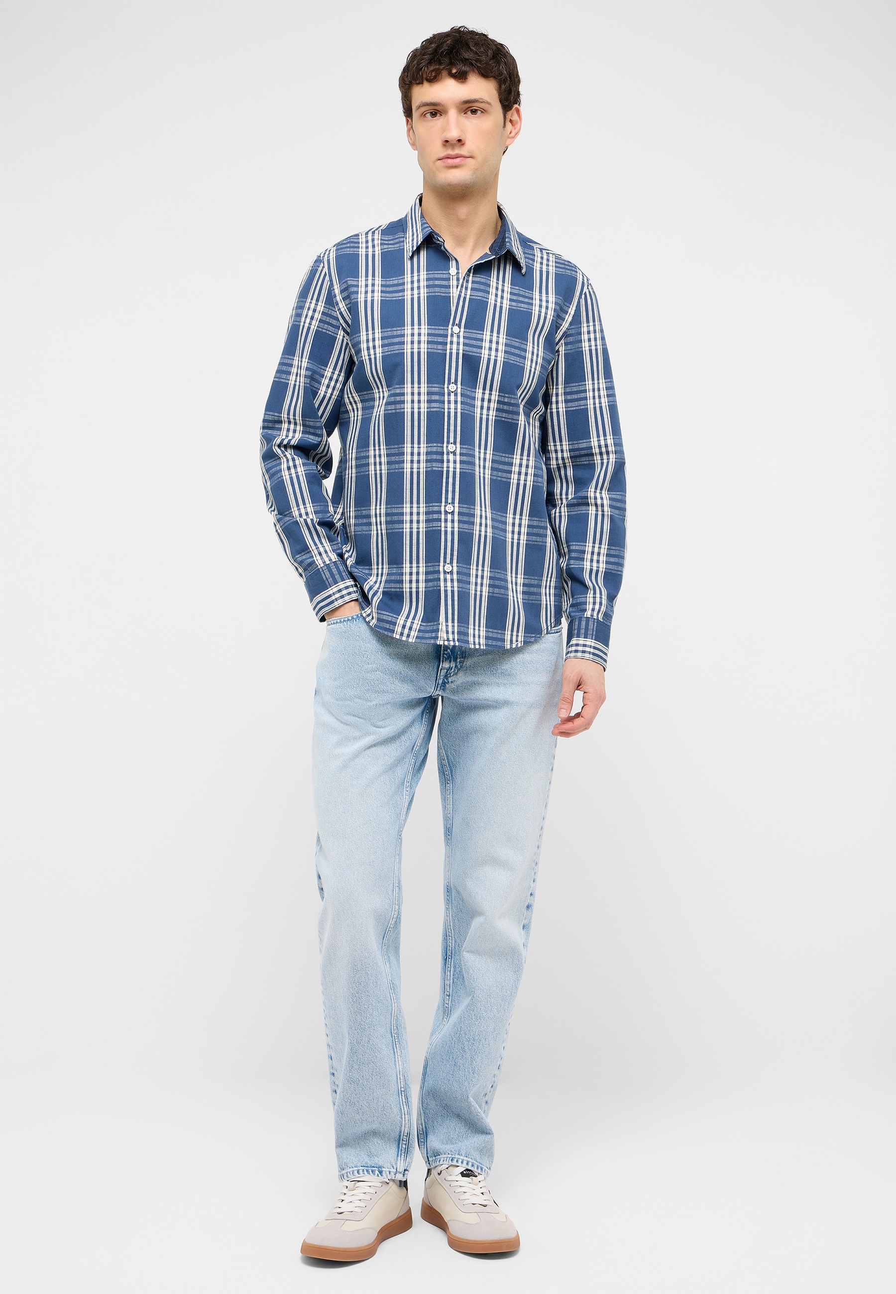 plaid shirt, blue shirt, button-down, long-sleeve, casual shirt