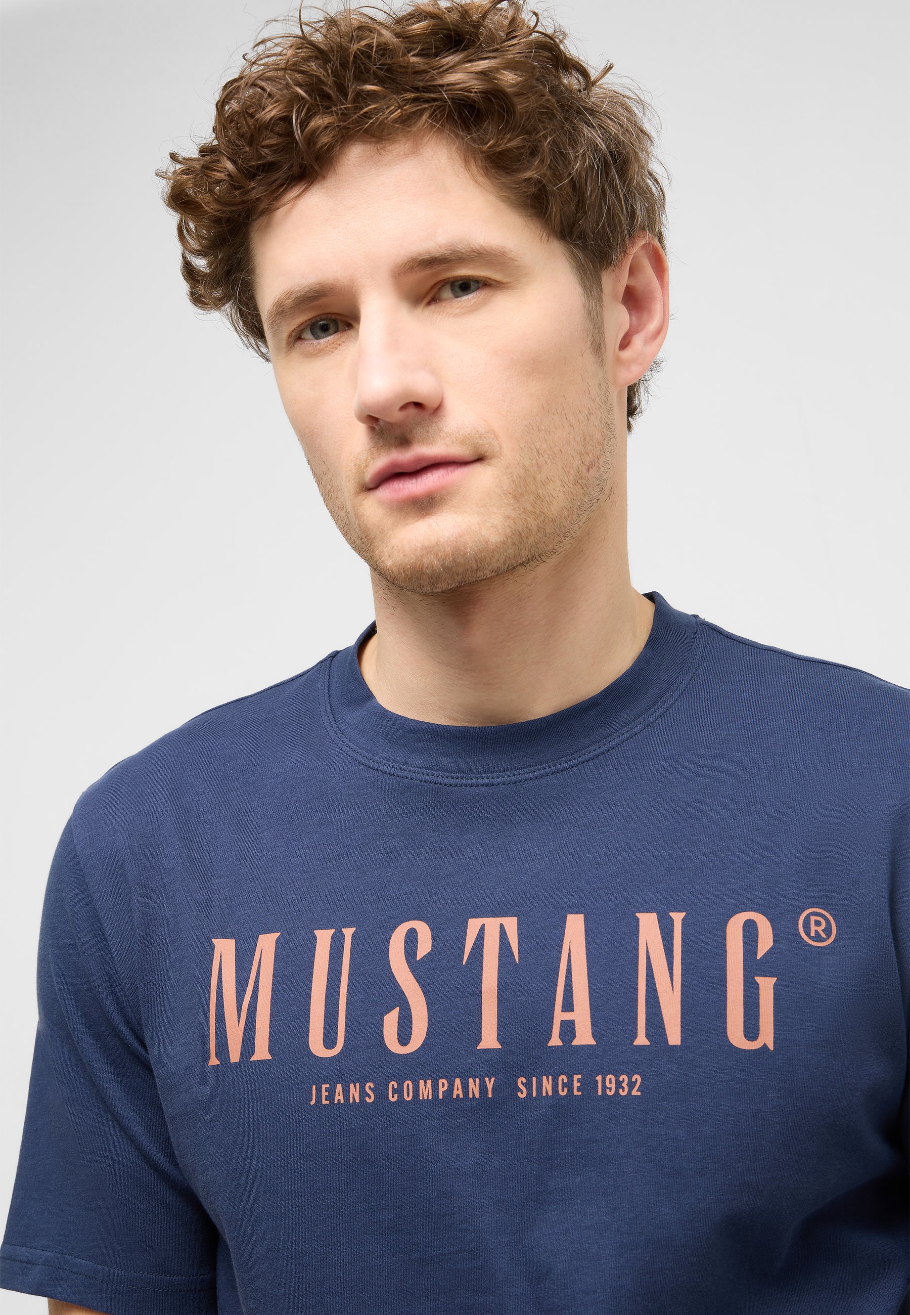 tshirt, crew neck, kurzarm, blau, mustang logo