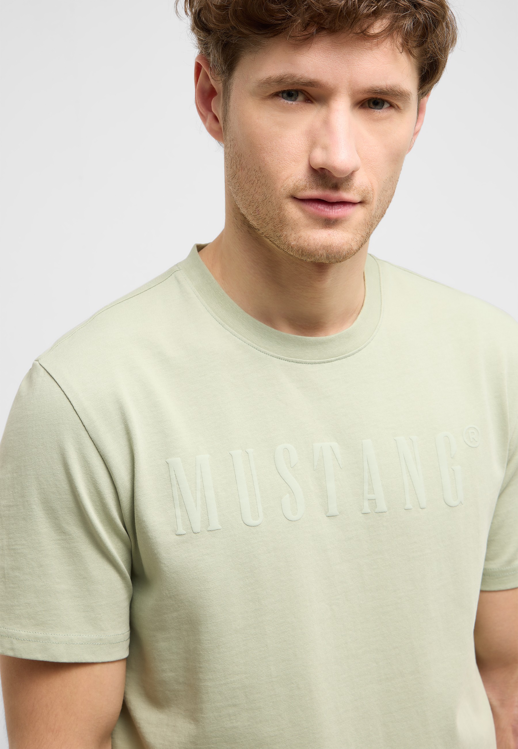 T-Shirt, Rundhals, Beige, Mustang, Gepresstes Monogramm
