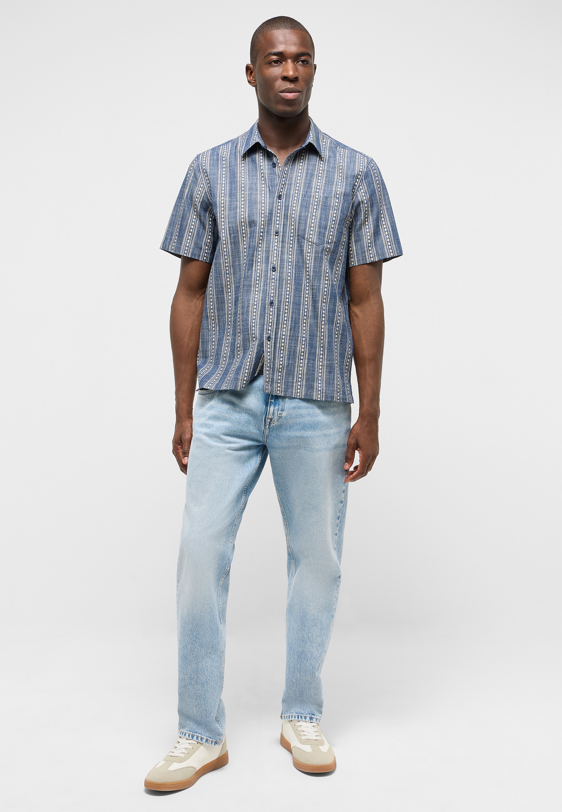 Hemd, Kurzarm, Streifen, Denim, Jeans