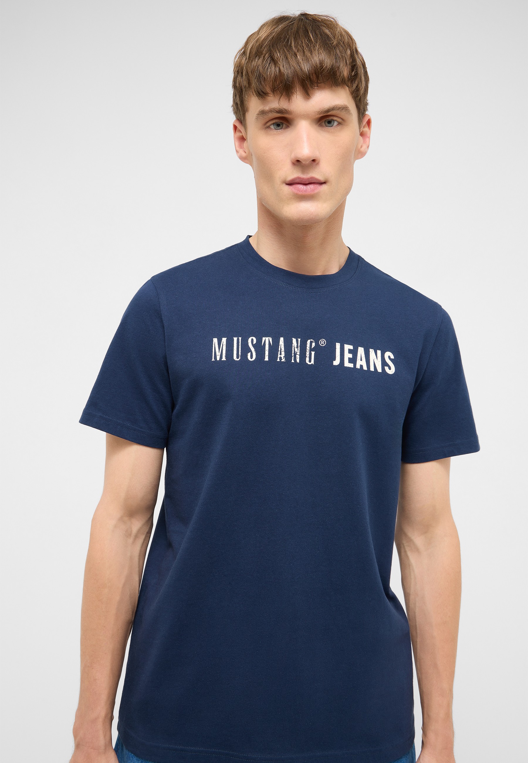 tShirt, crew neck, short sleeve, navy, mustang jeans logo