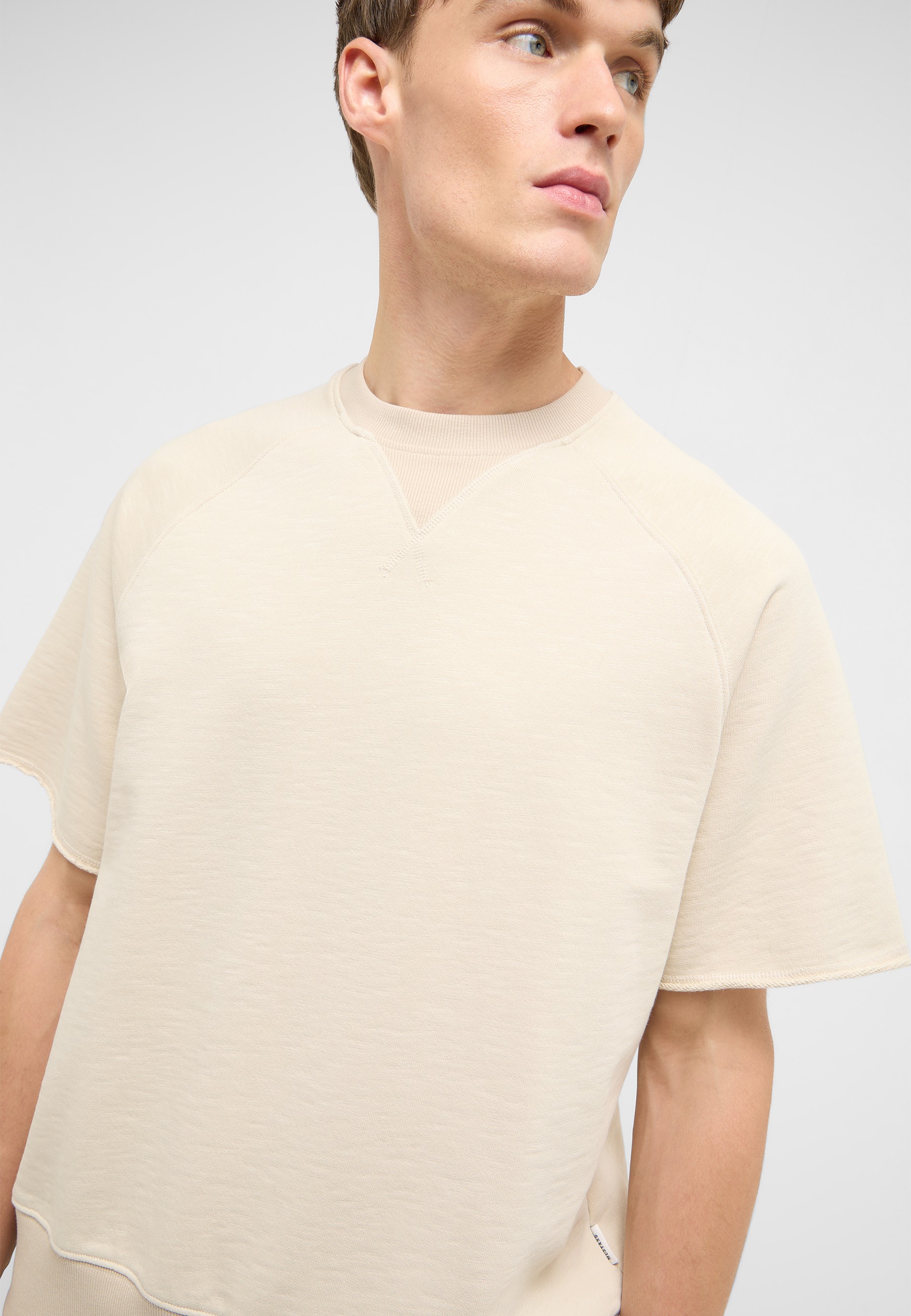 Pullover, Rundhals, Beige, Kurze Ärmel, Baumwollmischung