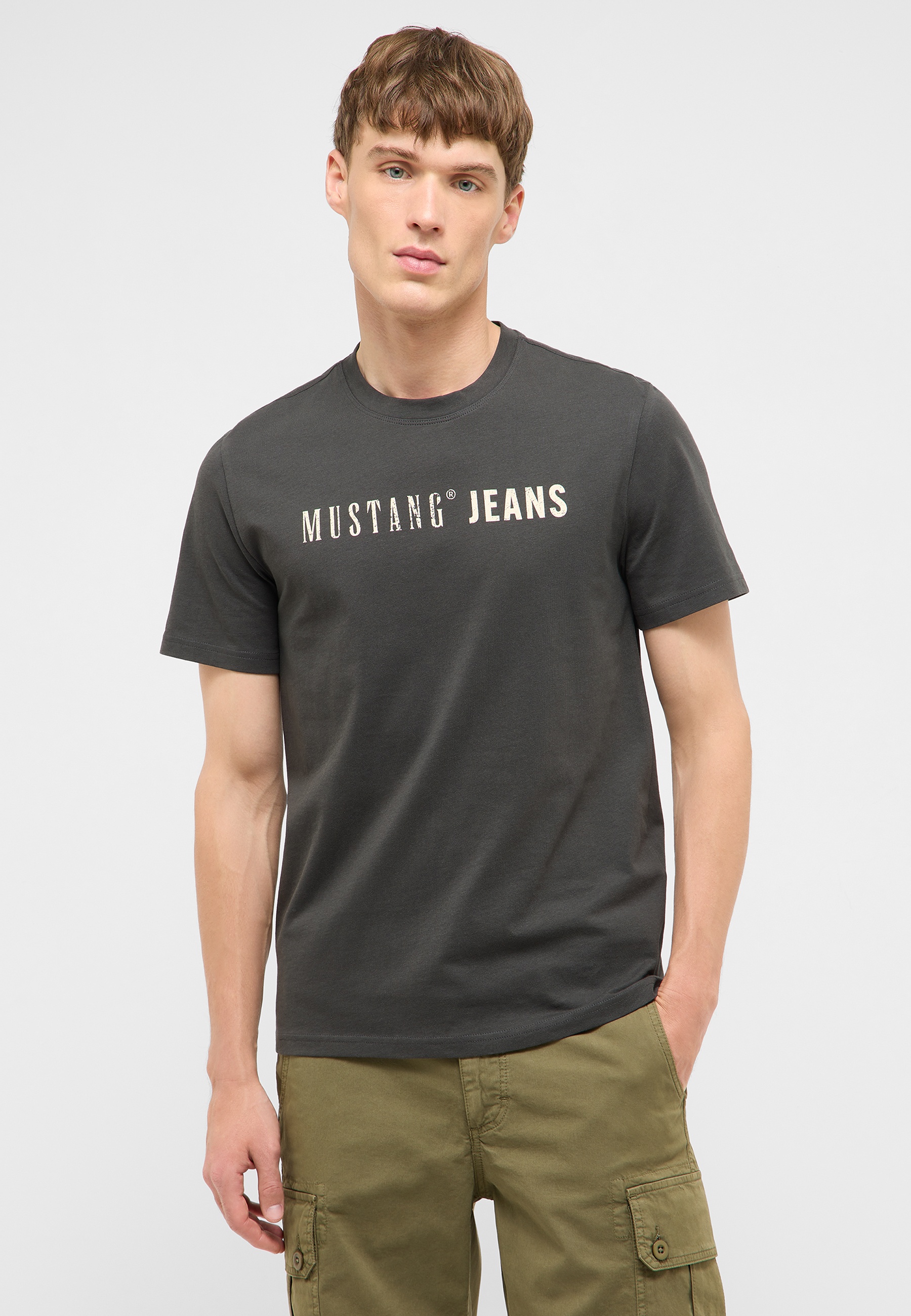 t-shirt, graphic tee, kurzarm, mustang jeans, anthrazitgrau