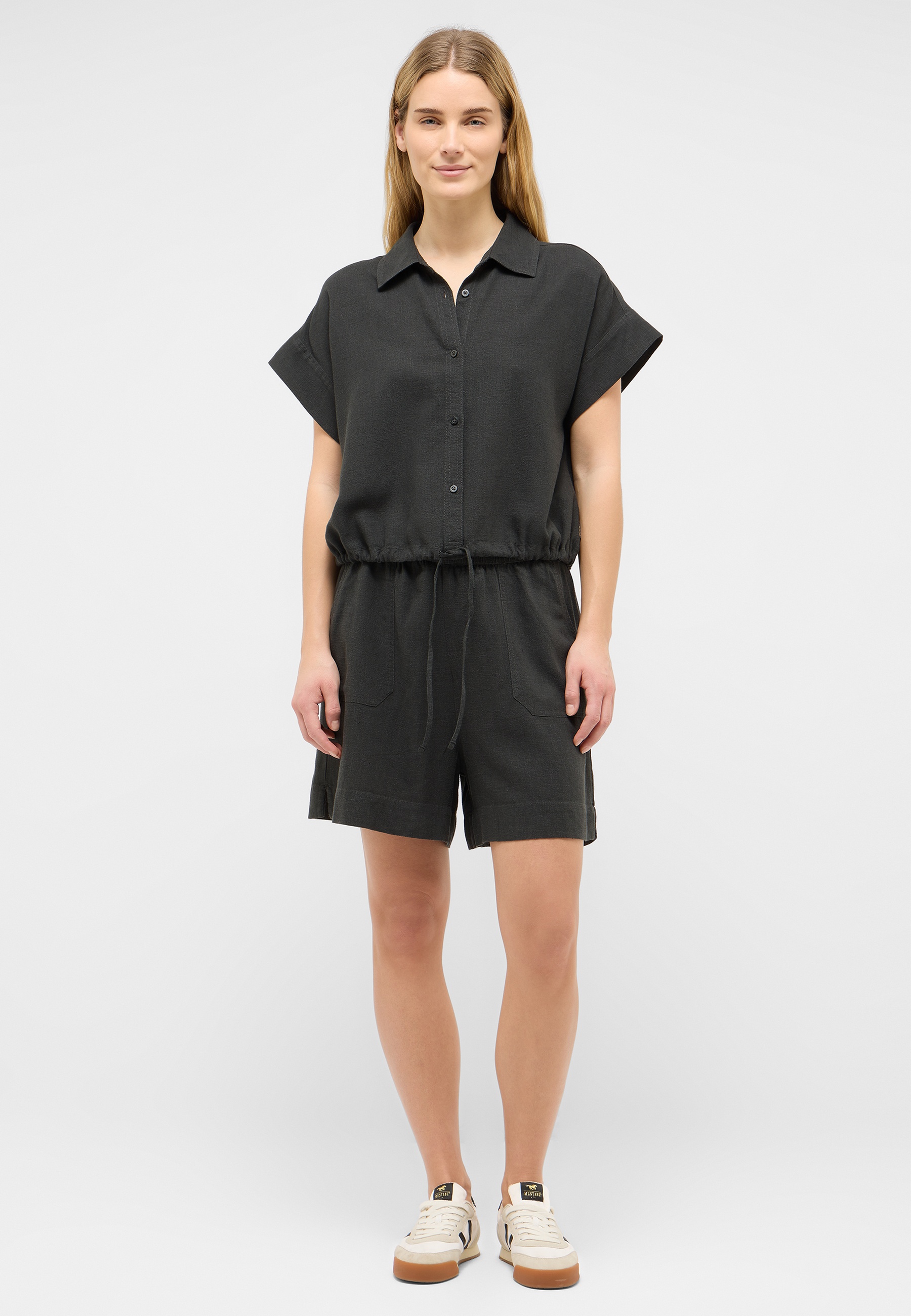 overall jumpsuit, shorts, dunkelgrau, Knopf-front, Gürtelzug-Taille