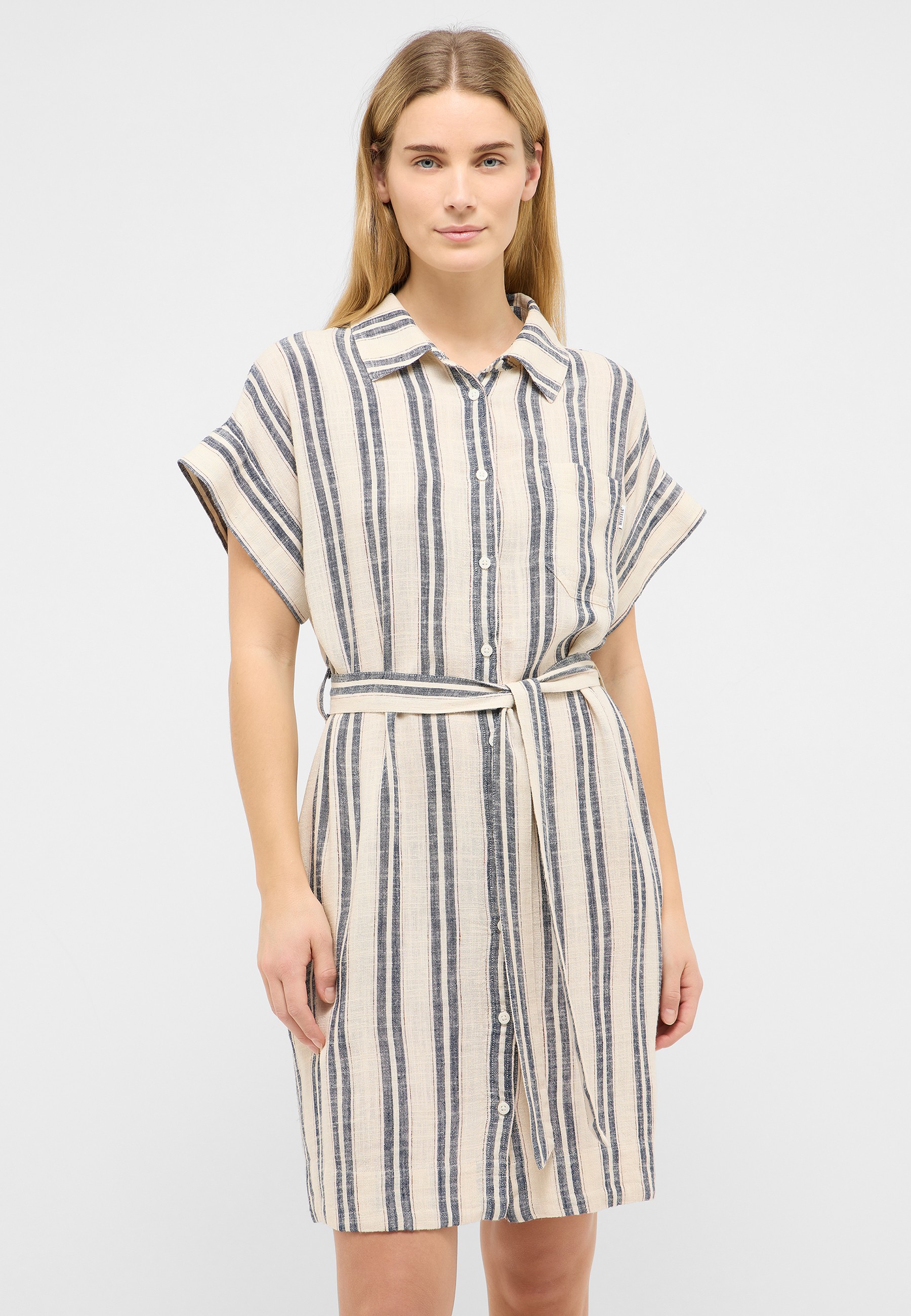 Kleid, Streifen, Kurzarm, Knopfleiste, Gürtel