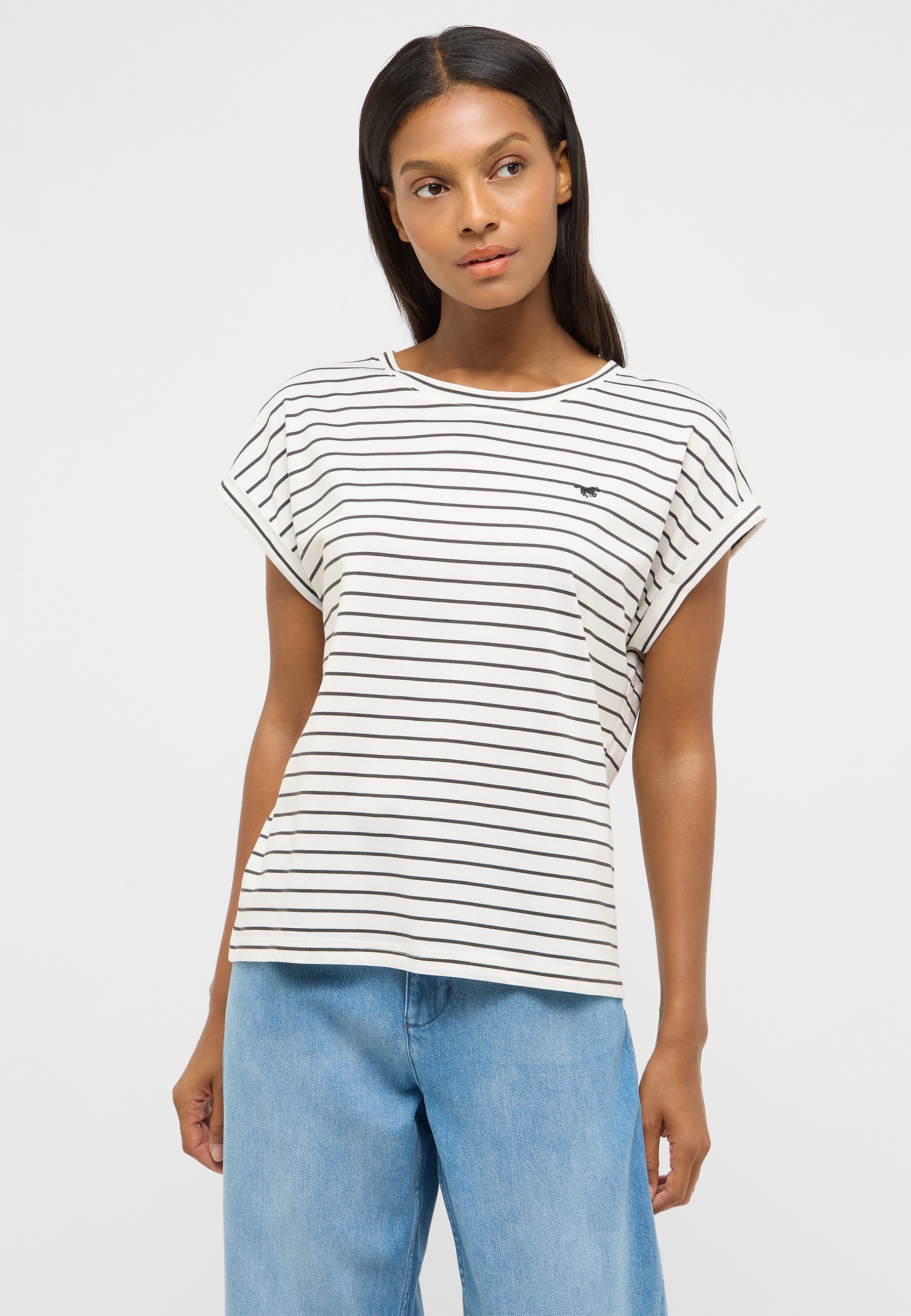 gestreiftes oberteil, t-Shirt, Baumwolle, kurzarm, blauer jeanshosen