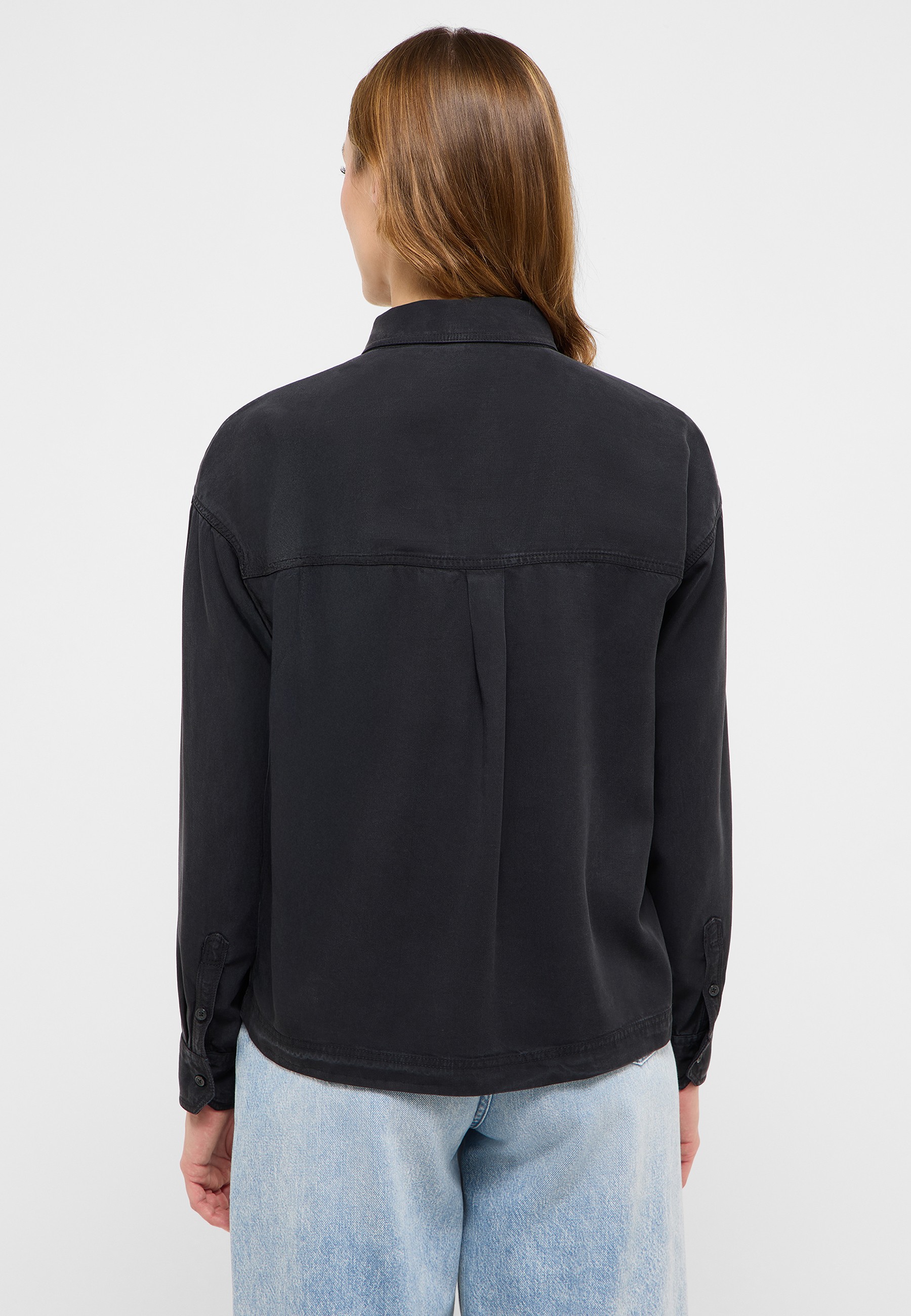 Dunkle Jeansjacke, Langarm, Knopfmanschetten, Kragen, Rückenansicht