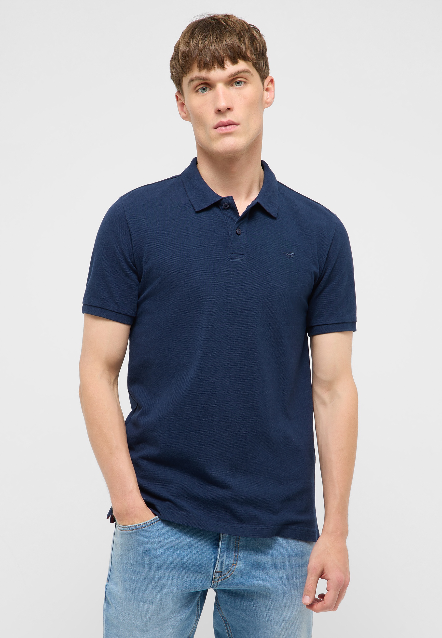 Polohemd, kurzärmlig, Navyblau, Baumwollmischung, slim Fit