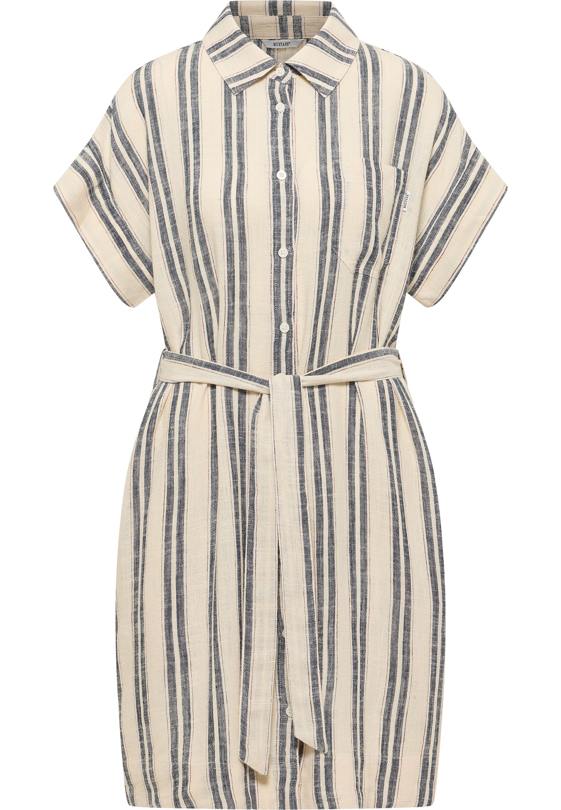 Kleid, Streifen, Leinen, Kurzarm, Taillengürtel