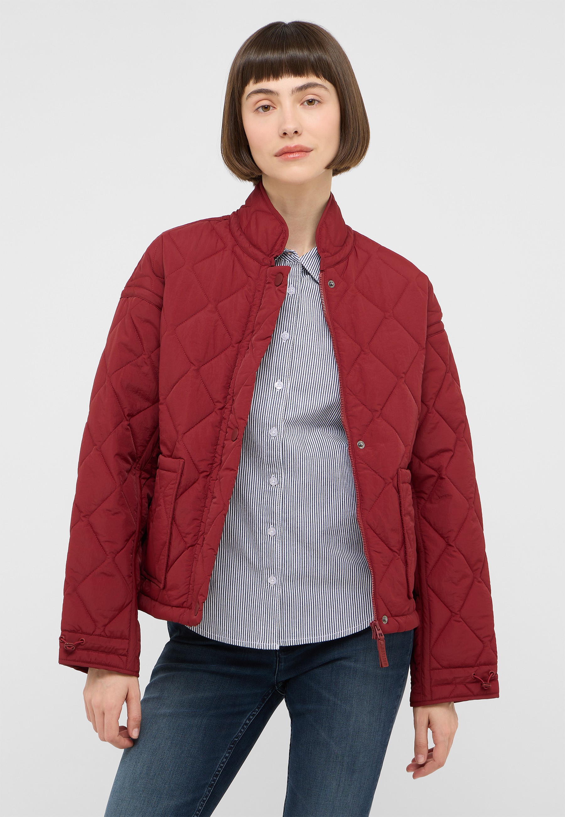 Quilted jacket, Red jacket, Puffer, Stand-up collar, Zipper pockets