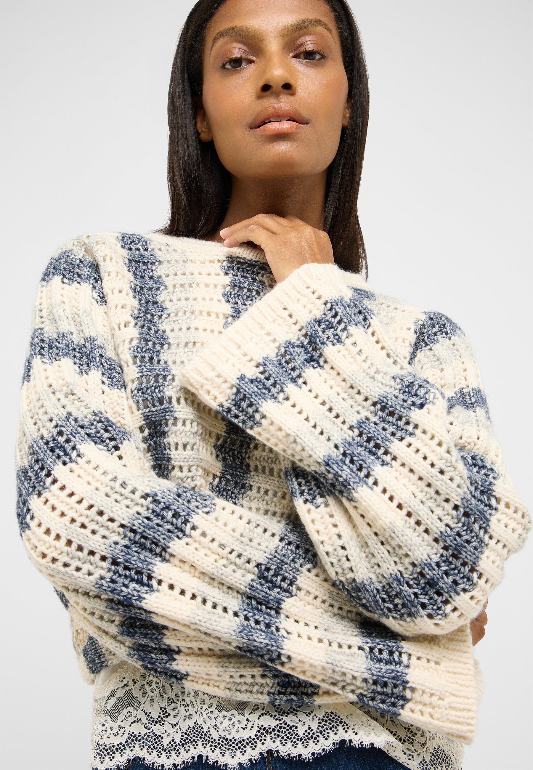 Strickpullover, Oversized, Streifen, Lochstrick, Weste mit Lace