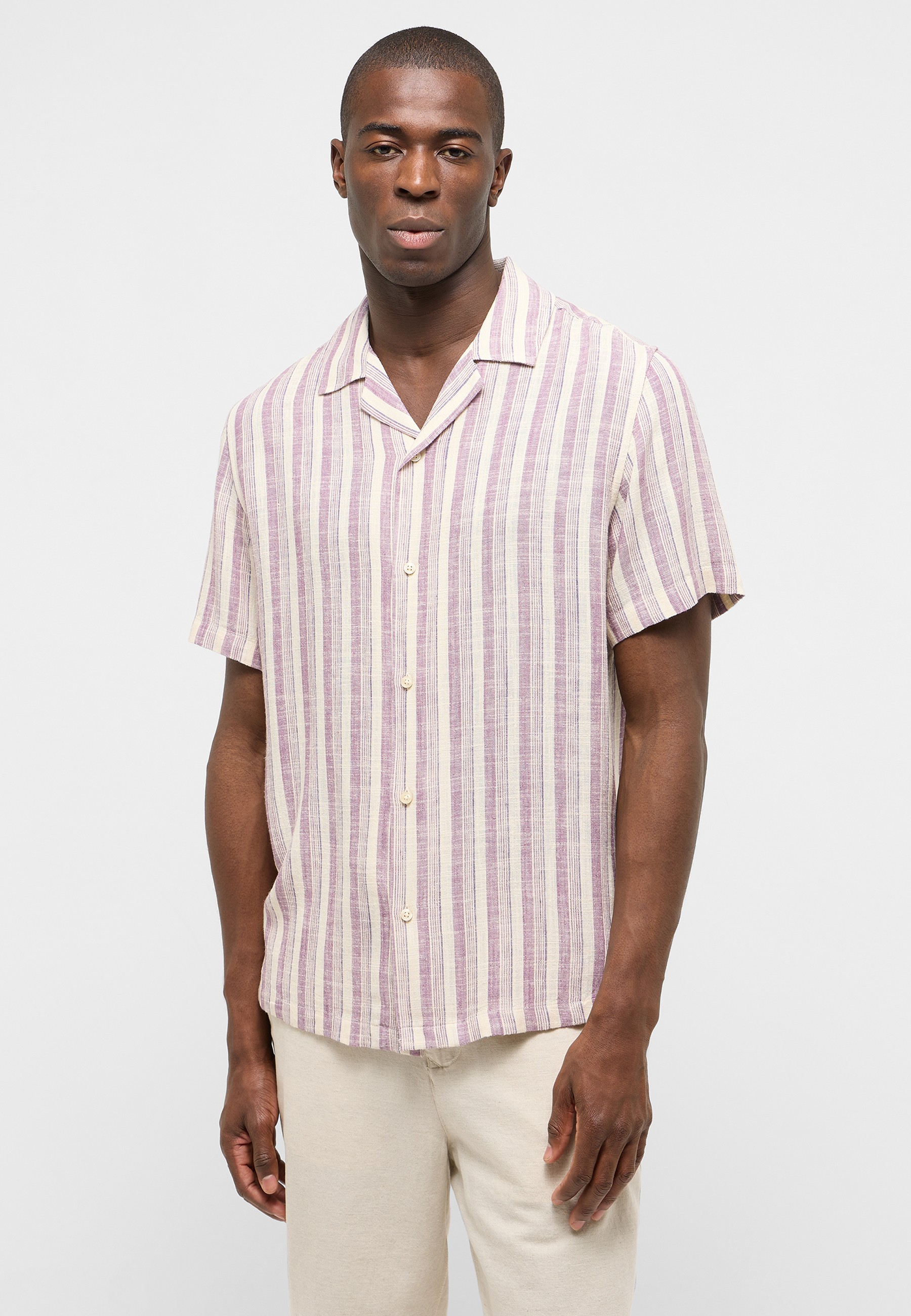 Kurzarmhemd, Längsstreifen, Violet/Beige, Hemd aus Leinen, Knopfleiste
