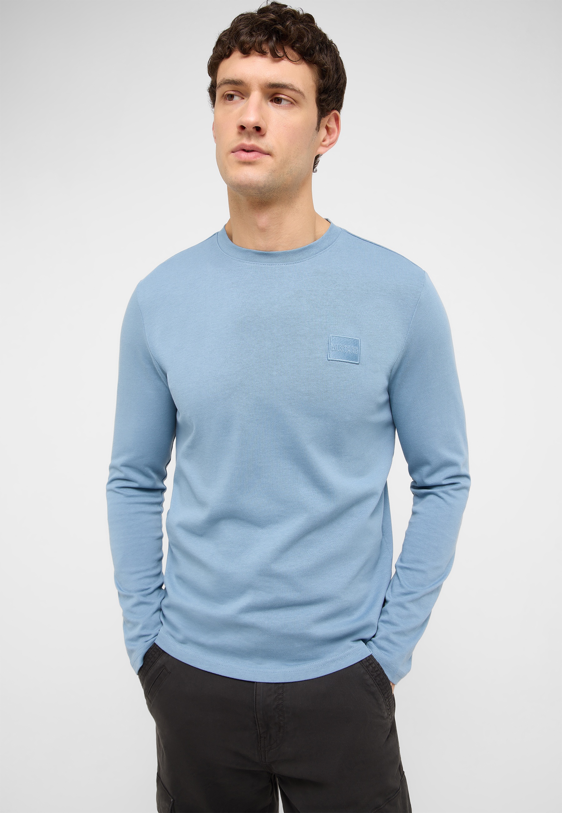 Langarmshirt, Rundhalsausschnitt, Hellblau, Baumwollmix, Logo-Detail