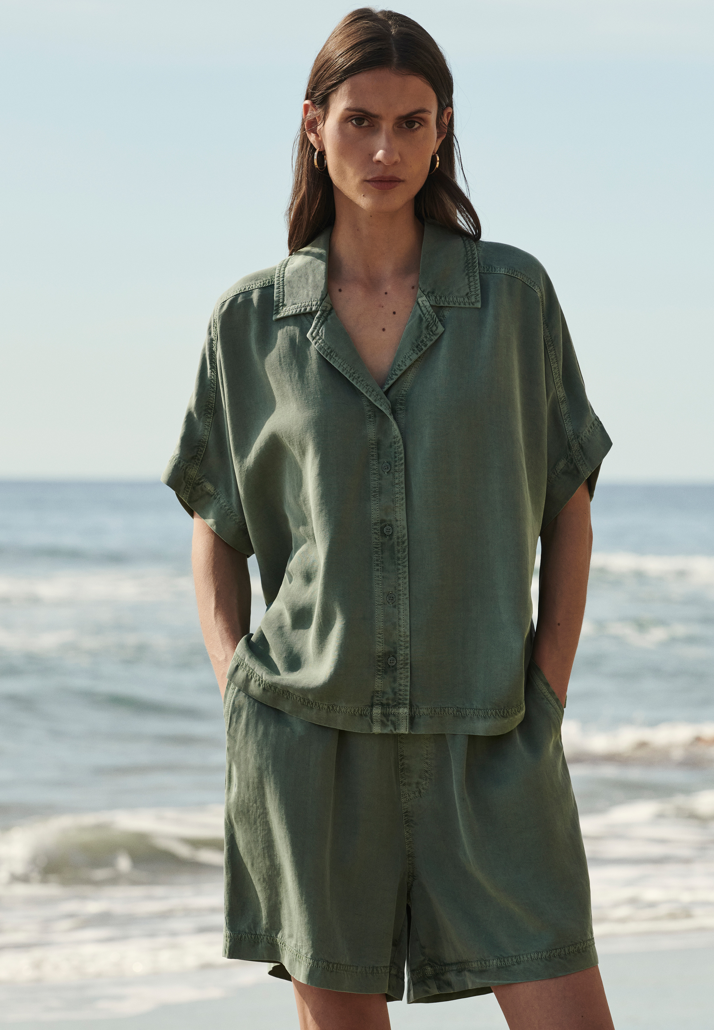 Kurzarm-Hemd, Shorts, Lounge-Set, Militärgrün, Casual-Stil