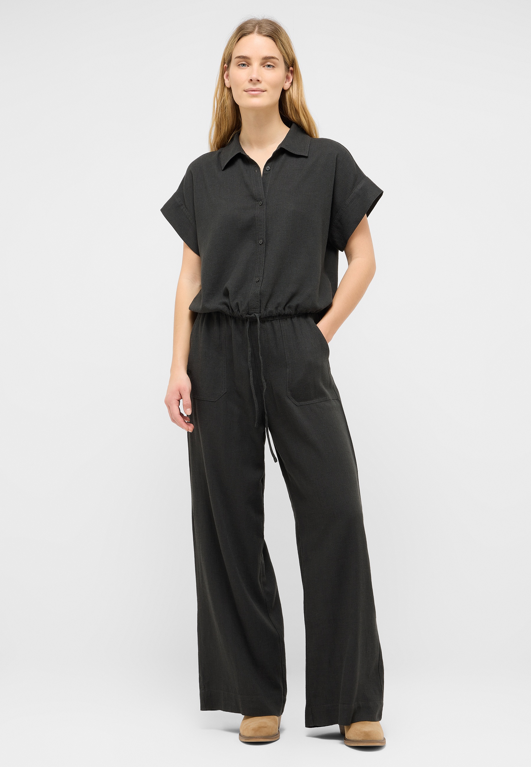 Overall schwarze Jumpsuit, Kurzarmhemd, Wechselgürtel Taille, Weite Beinform, Vordertaschen