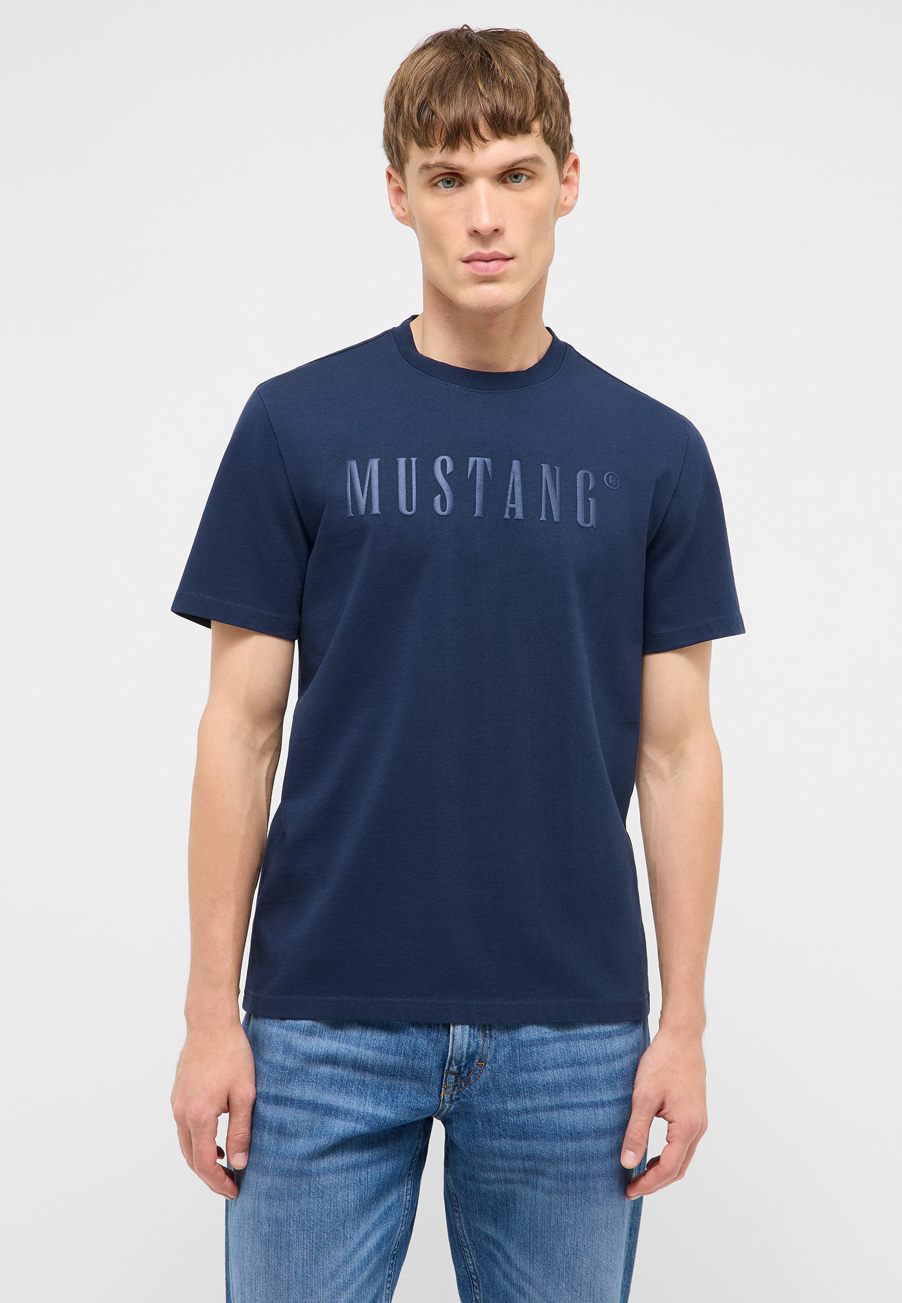 t-shirt, kurzarm, marineblau, grafik, mustang