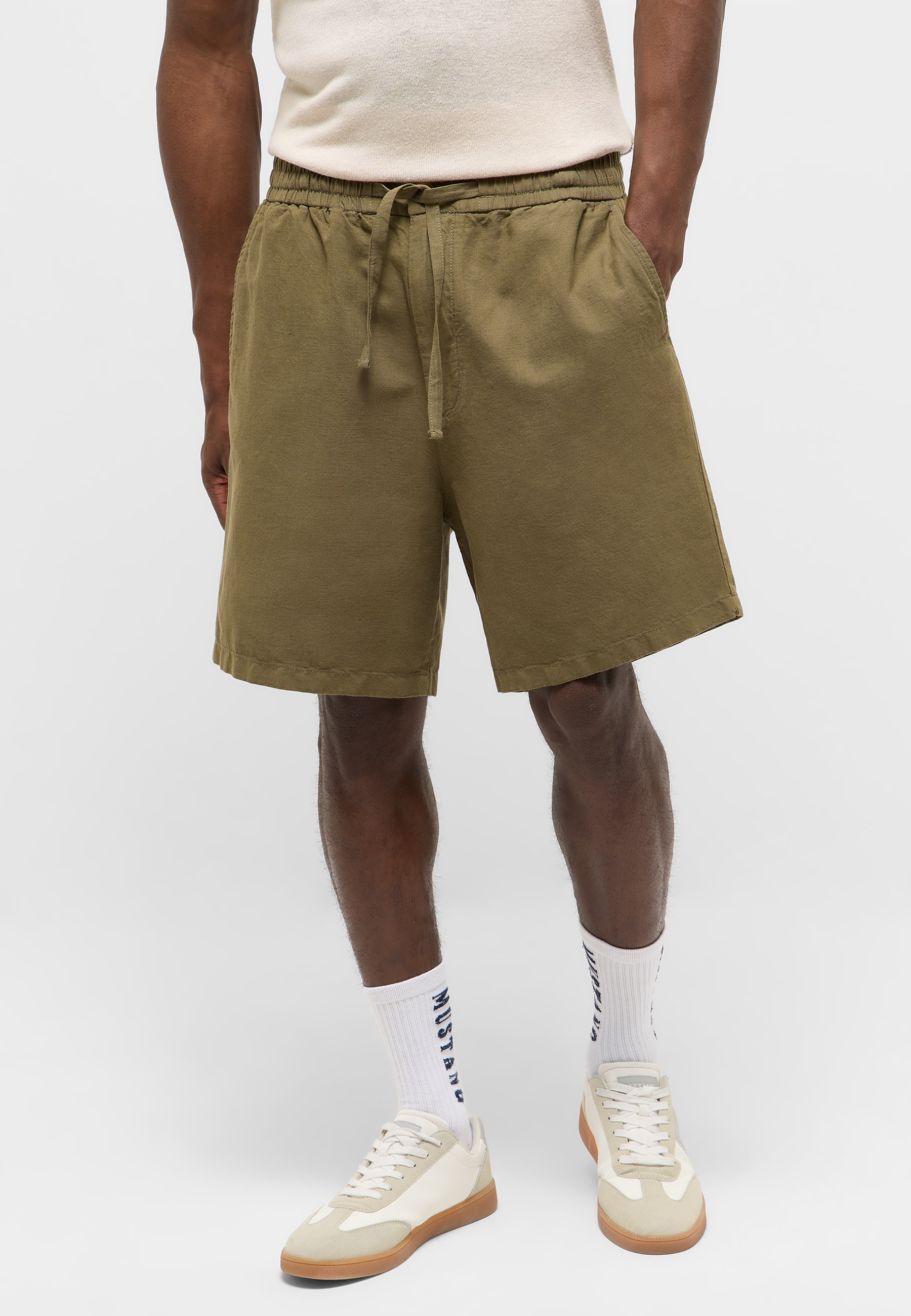 shorts, drawstring, olive, cotton, knee-length