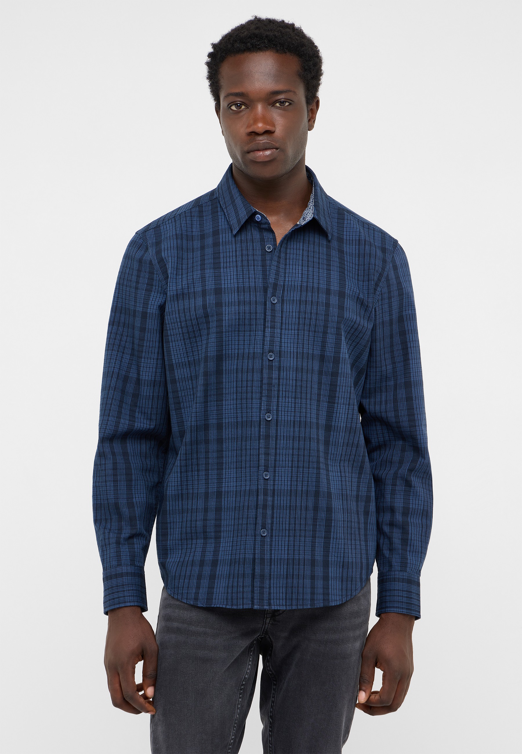 Hemd, Plaid, Langarm, Baumwolle, Dunkelblau