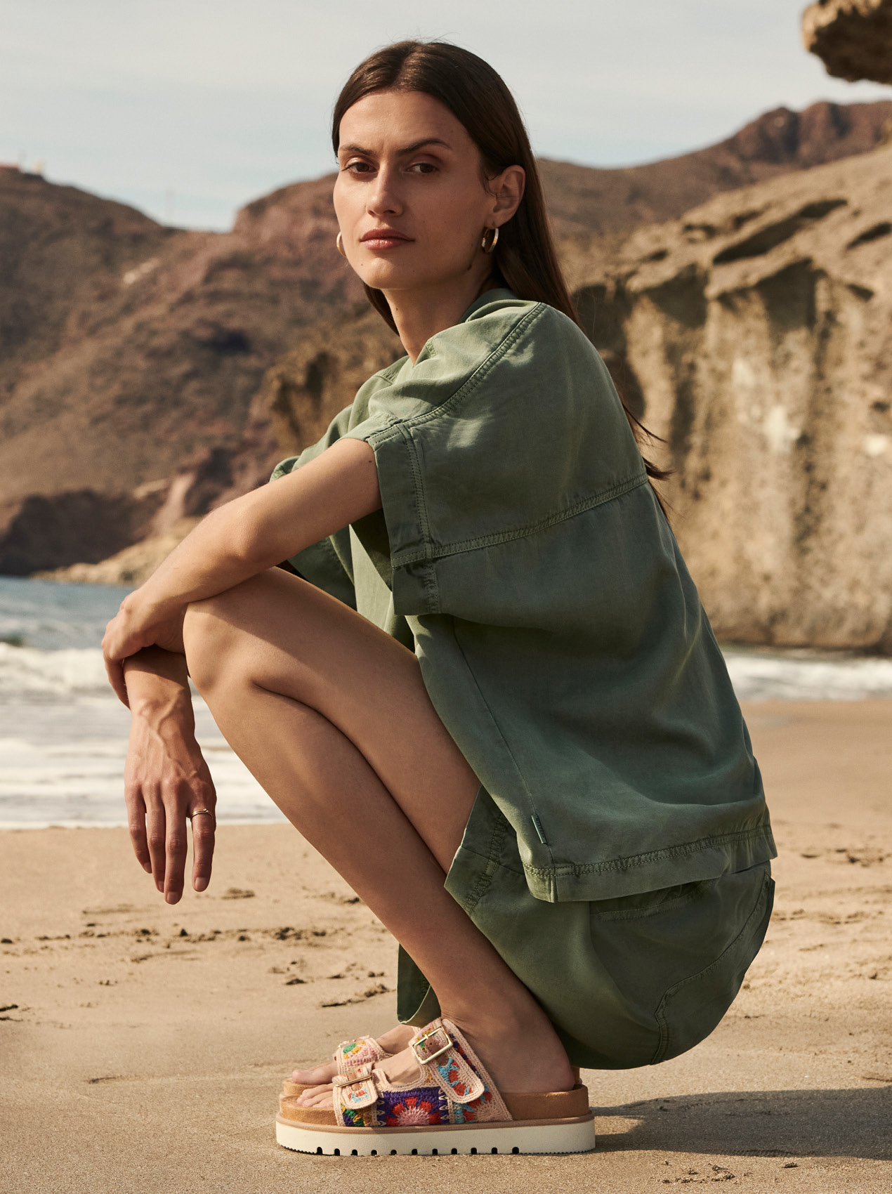 Strand, grün, Kurzarm, Shirt-Kleid, Sandalen