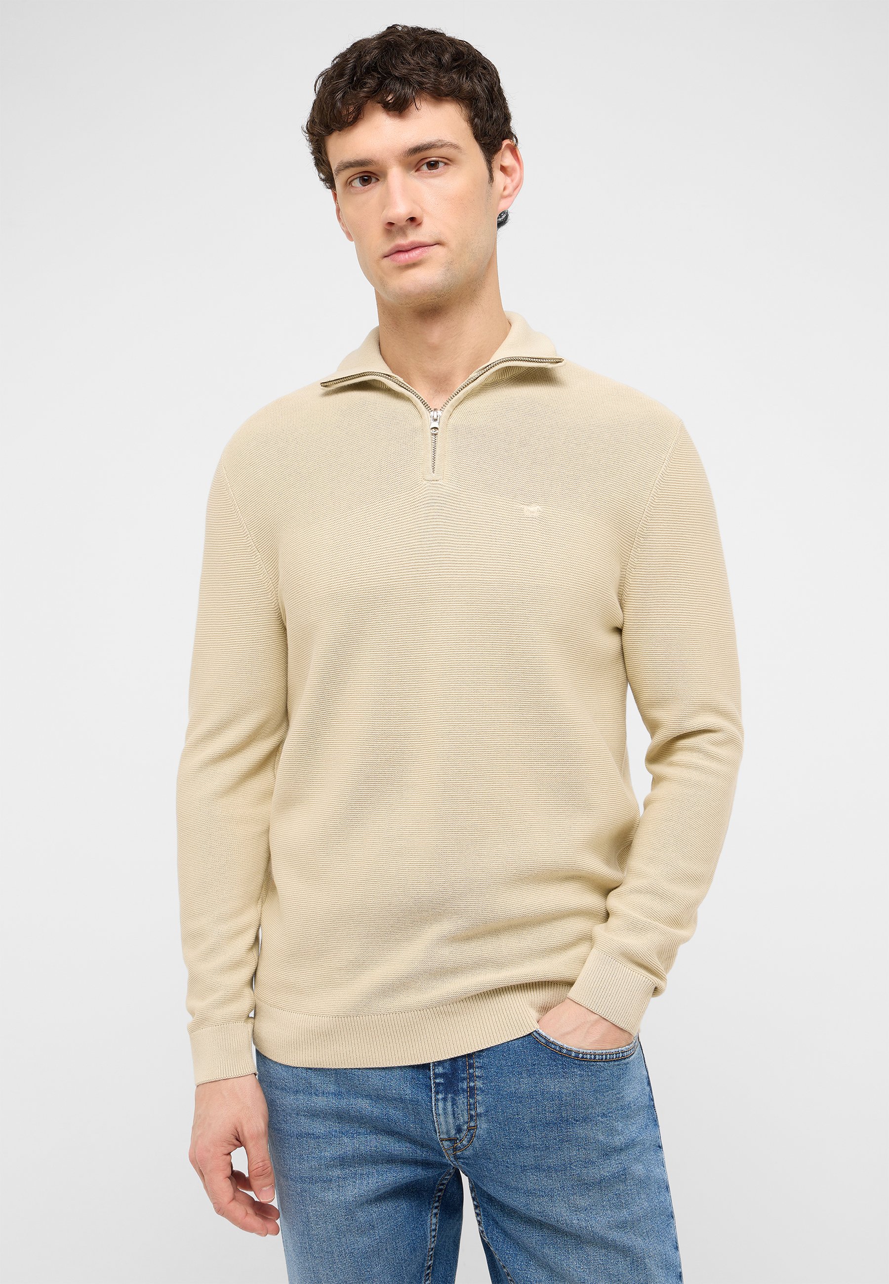 beige Pullover, Halbzipp-Pullover, Strickpullover, Langarmshirt, Rippstrick- Kragen