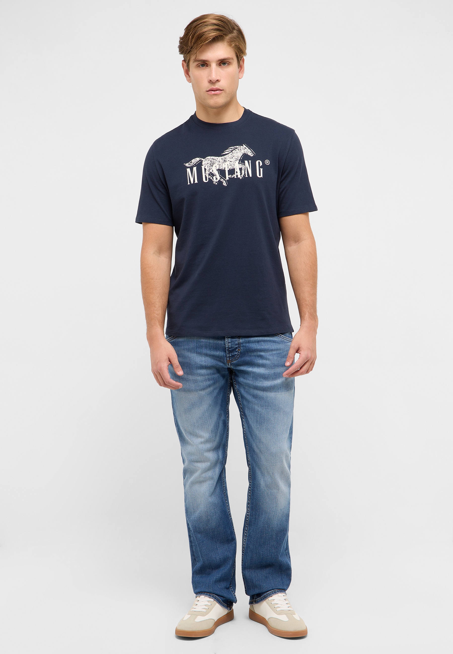 T-Shirt, Kurzarm, Navy, Druck, Jeans