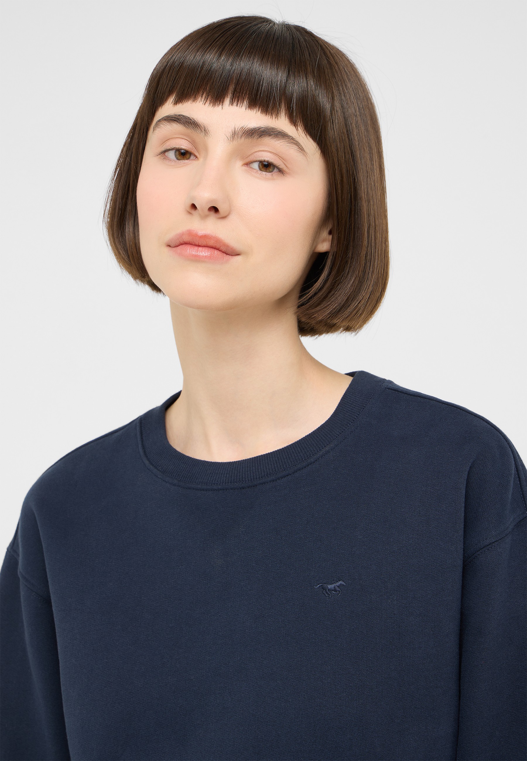 damenpullover, Crewneck, Navy, Baumwolle, Logo klein