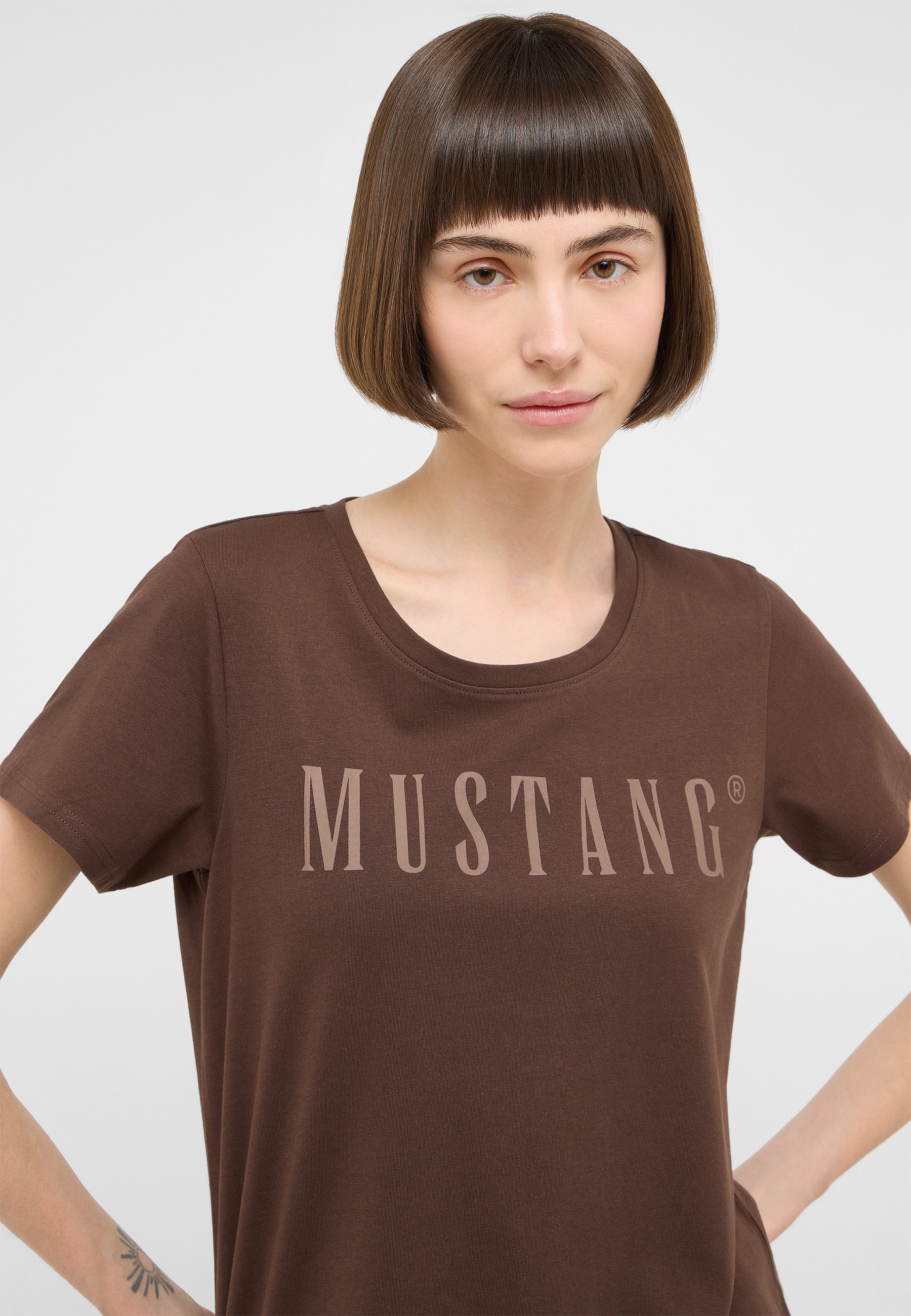 T-Shirt, Kurzarm, Rundhals, Braun, Mustang-Logo