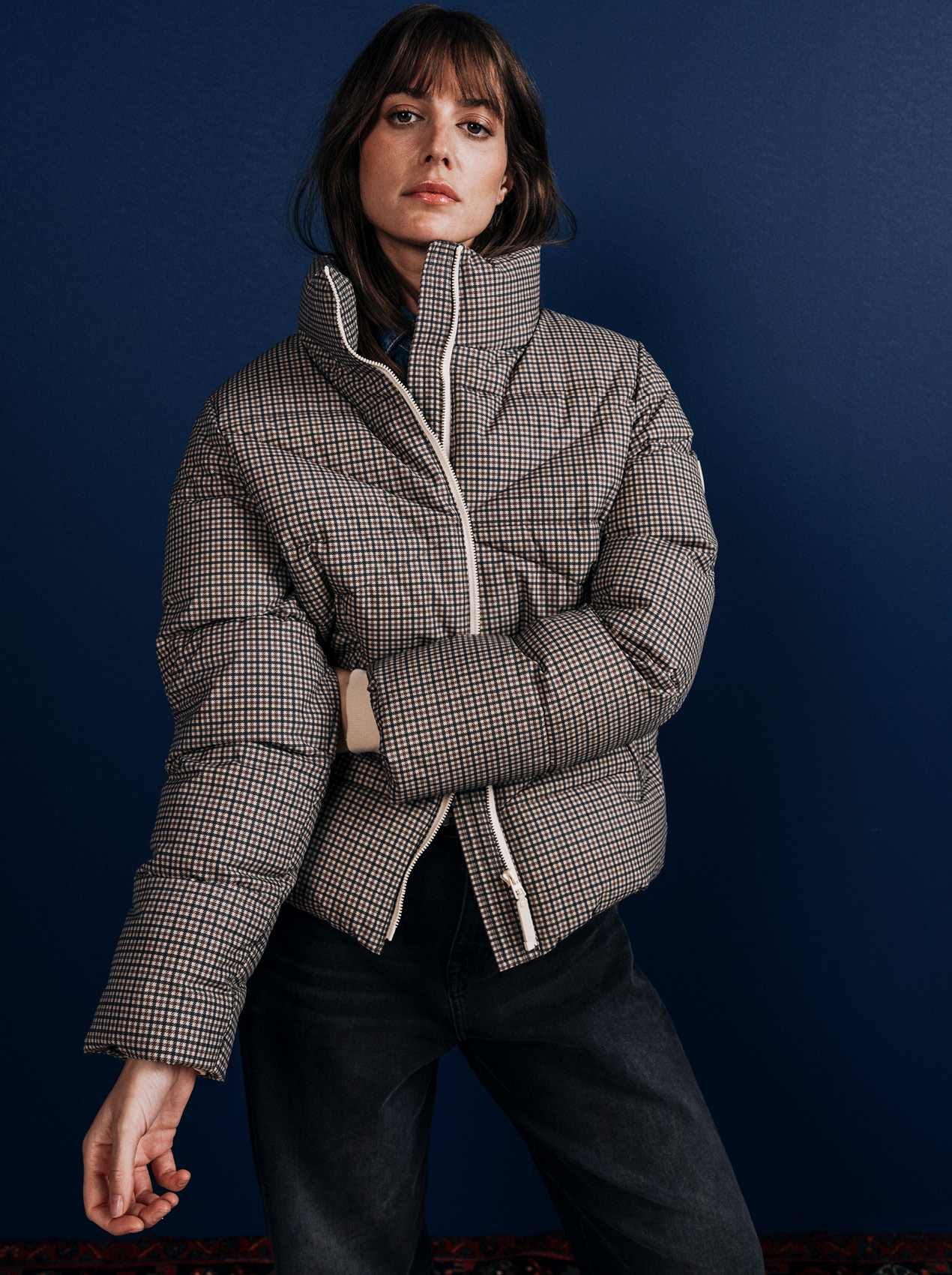 Pufferjacke, Mantel, Karo Muster, Stehkragen, Reißverschluss