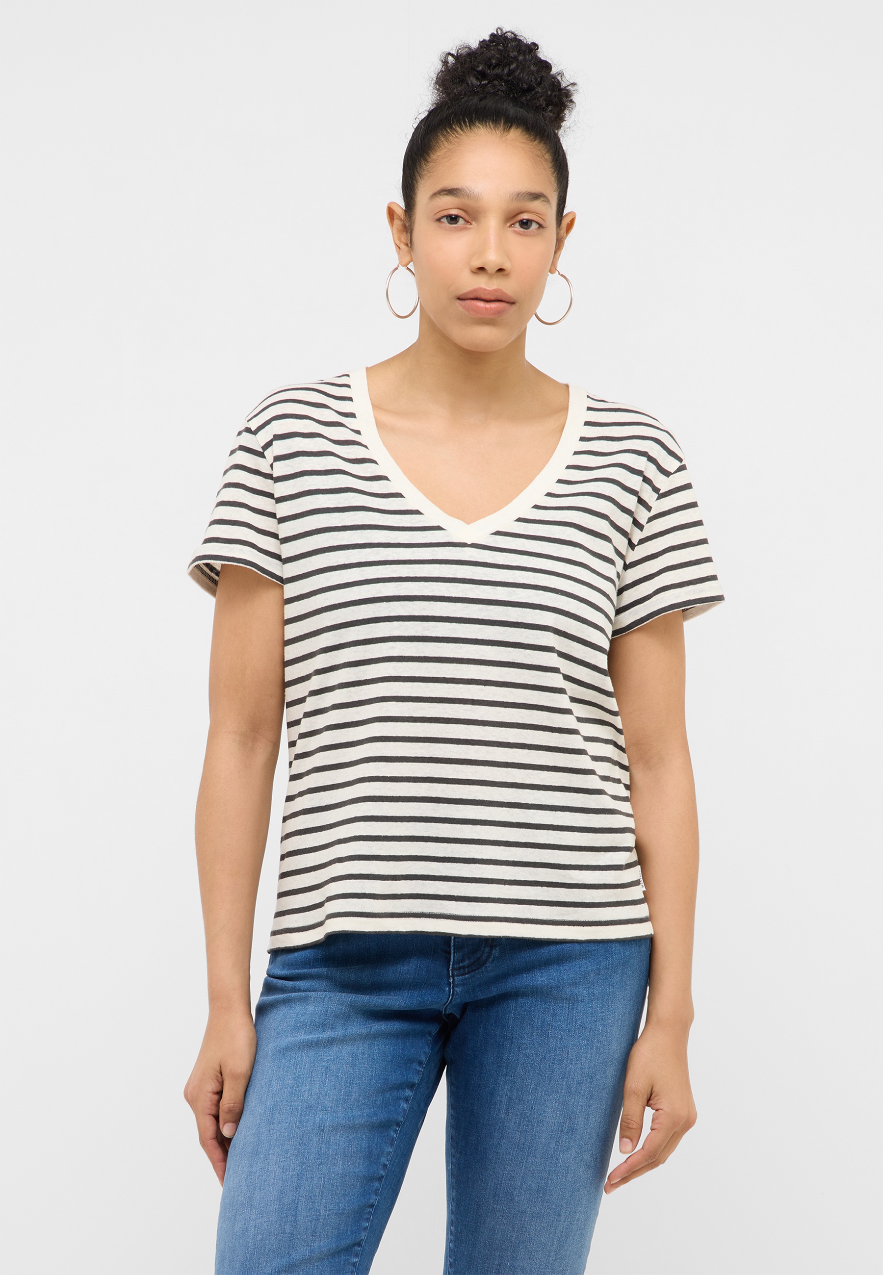 T-Shirt, Streifen, V-Ausschnitt, Kurzarm, Weiß-Schwarz