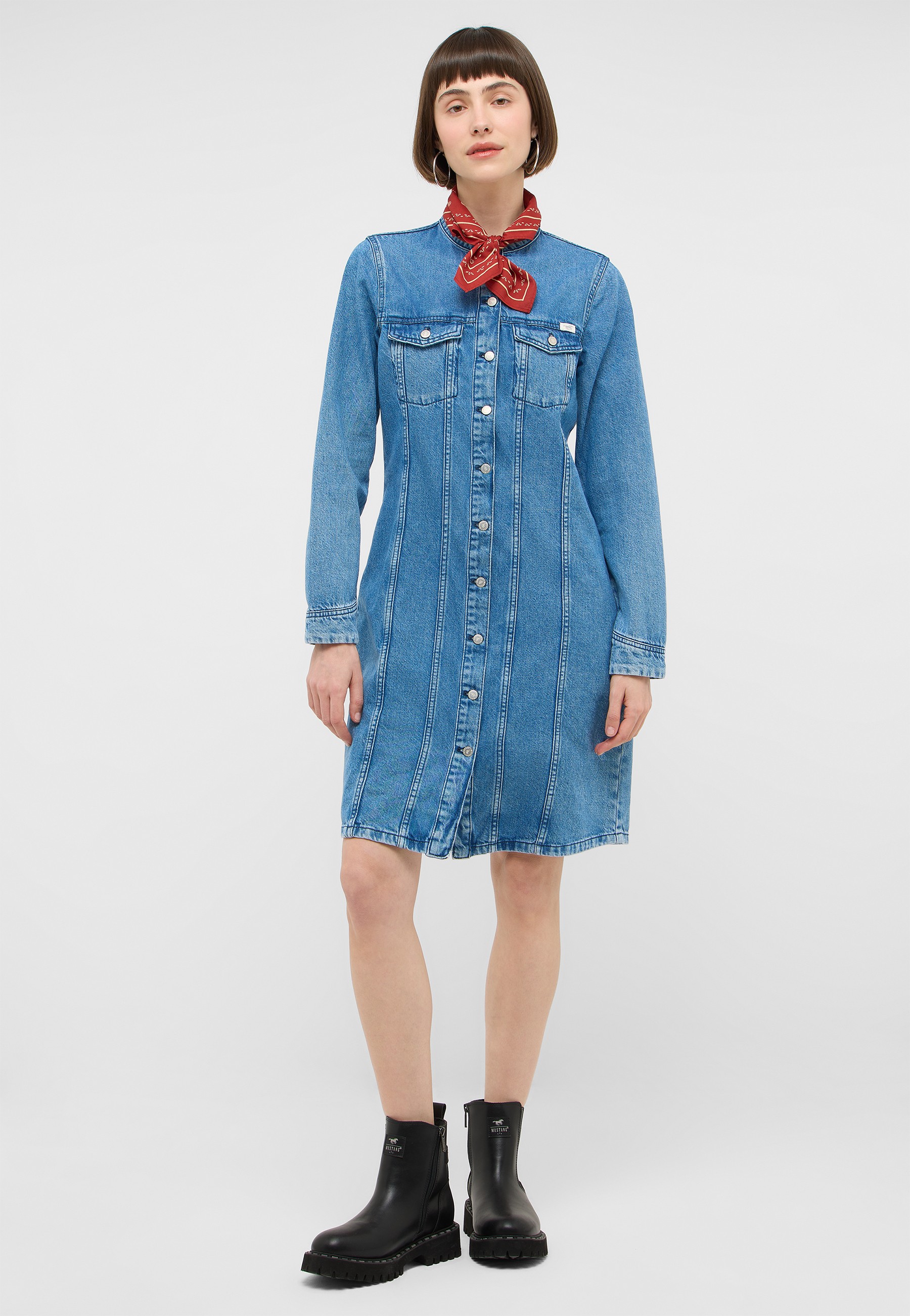 jeanskleid, denim, knopfleiste, langenarm, schal