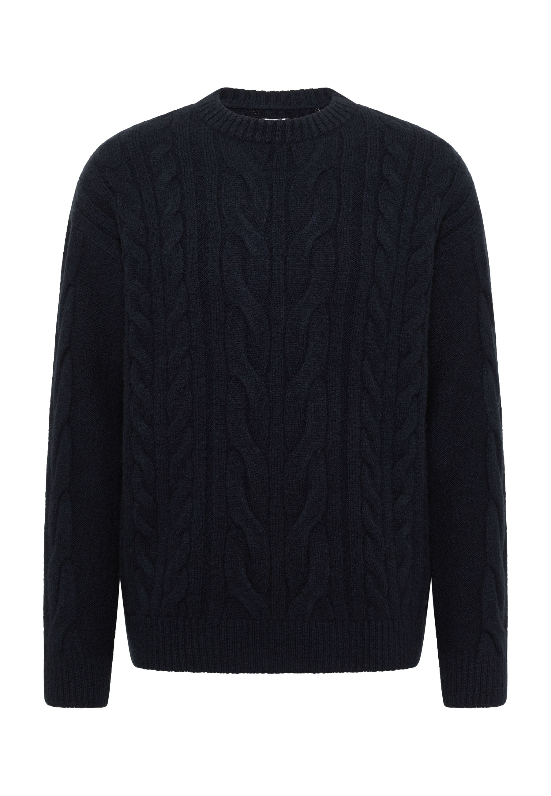Kabelstrickpullover, Crewneck, Dunkelblau, Kabelmuster, Wollpullover