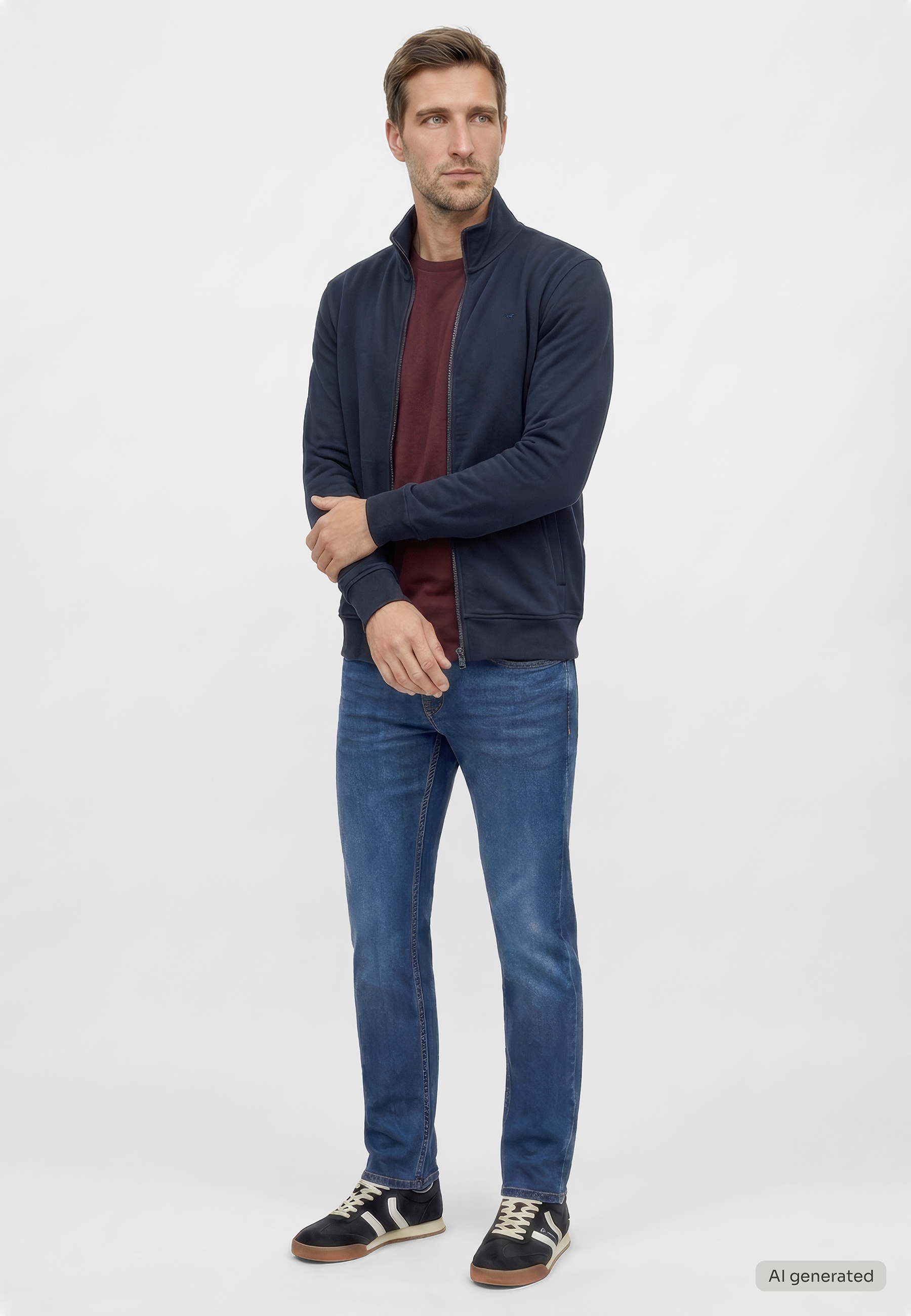 jacke, reissverschluss, navy, jeans, sneaker