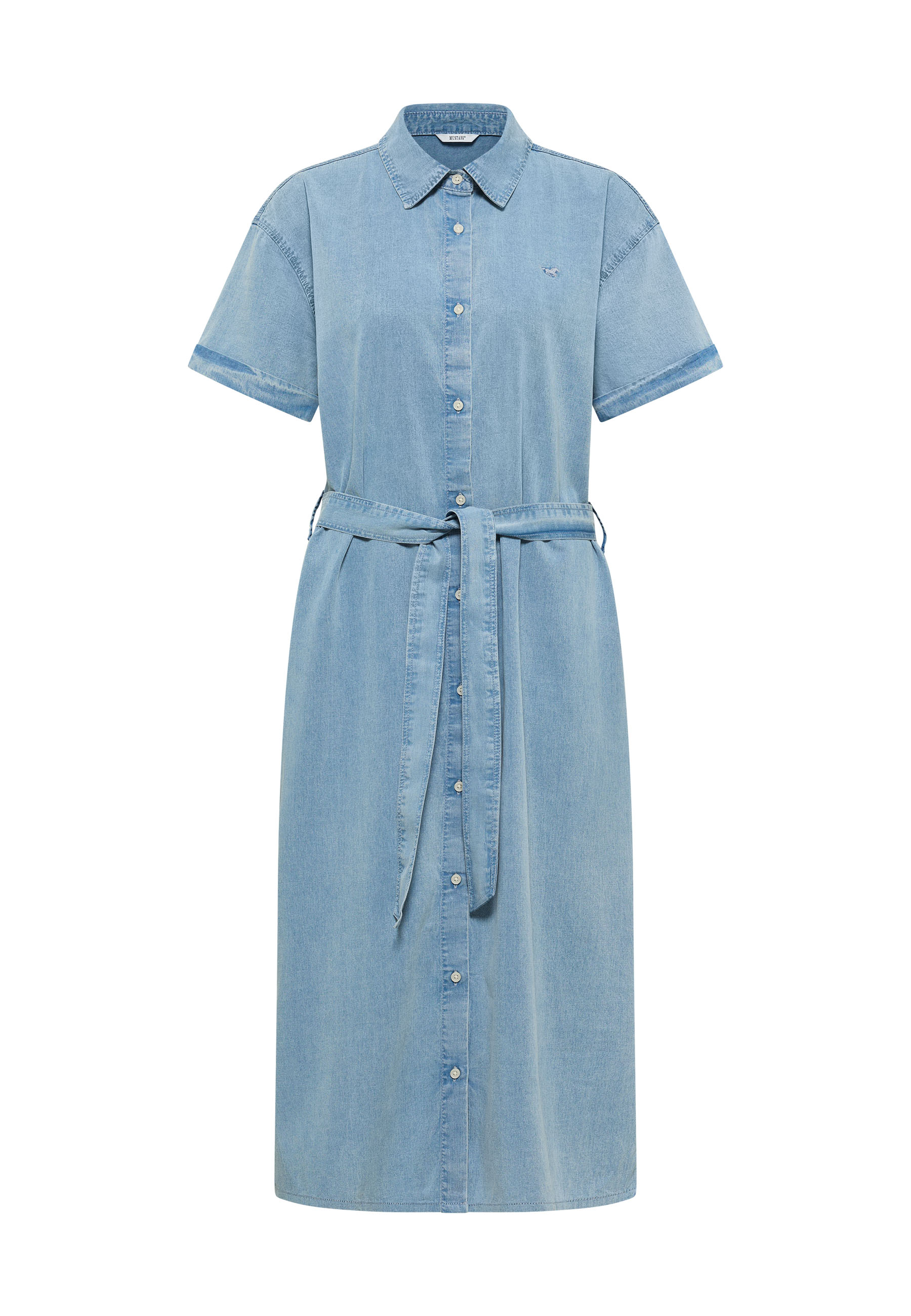 Denim, Knopfleiste, Kurzarm, Midi-Kleid, Taillengürtel