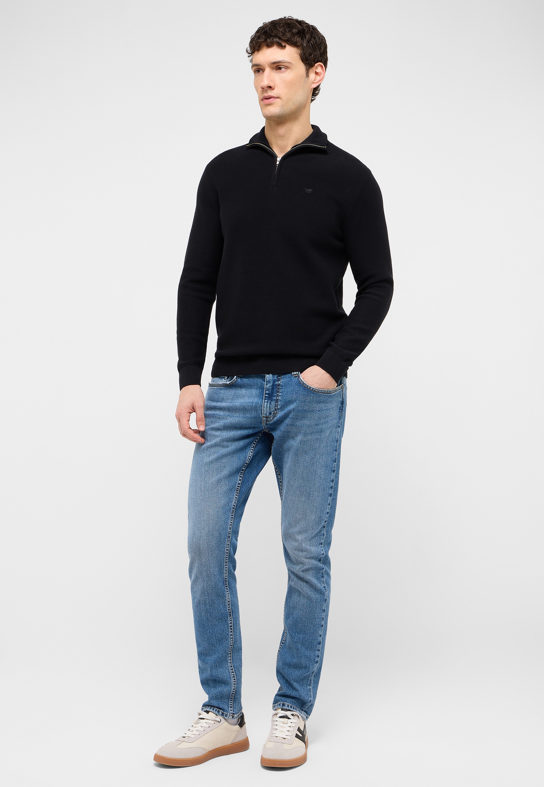 Pullover, Reißverschluss-Kragen, Knickzip, Strickpullover, Schwarz