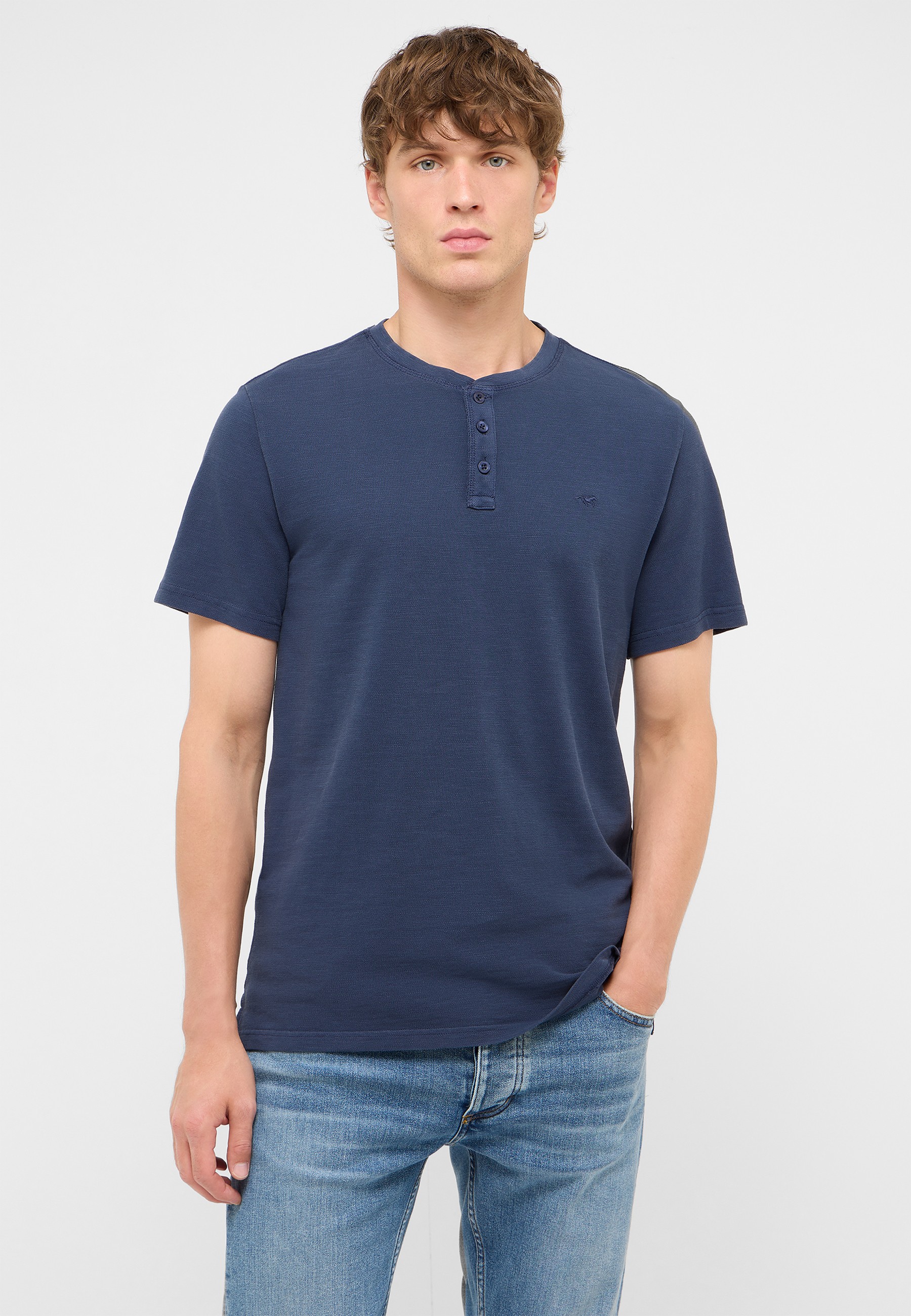 Henley-Tee, Kurzarm, Navy, Baumwolle, einfarbig