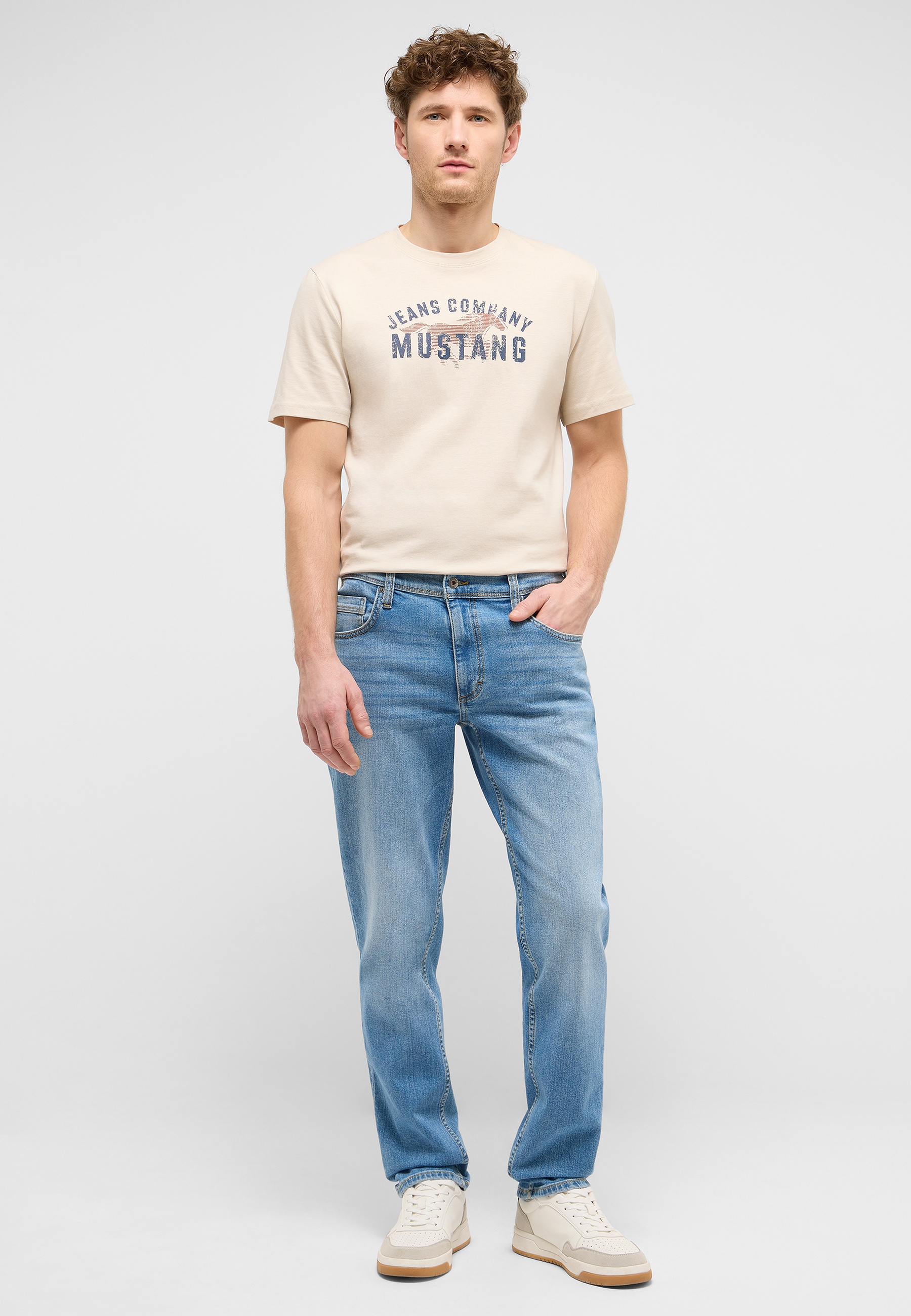 tshirt, beige, roundneck, printed, mustang