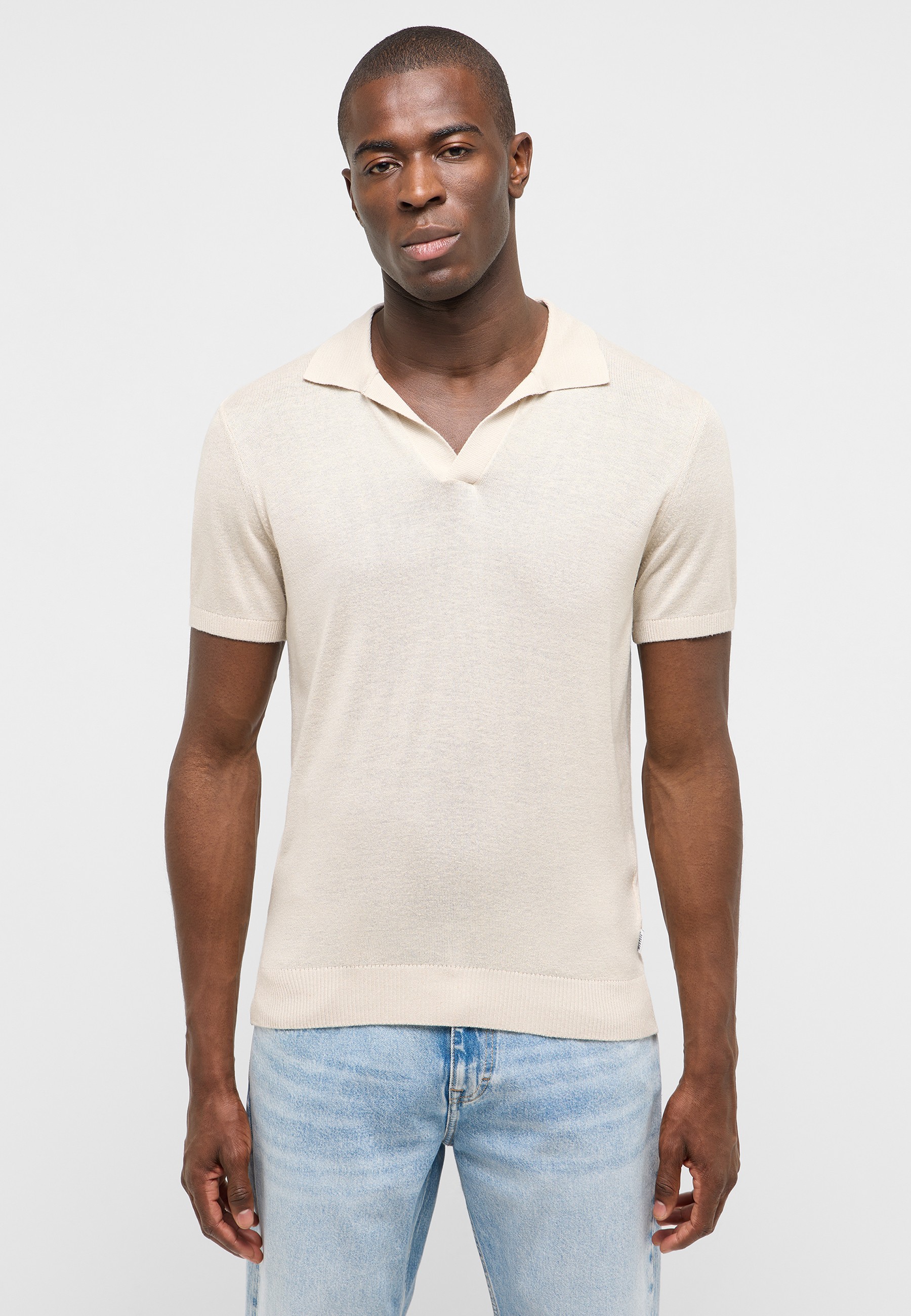 beigees Poloshirt, Poloshirt, Kurzarm, Strick-Kragen, leichtes Strickmaterial